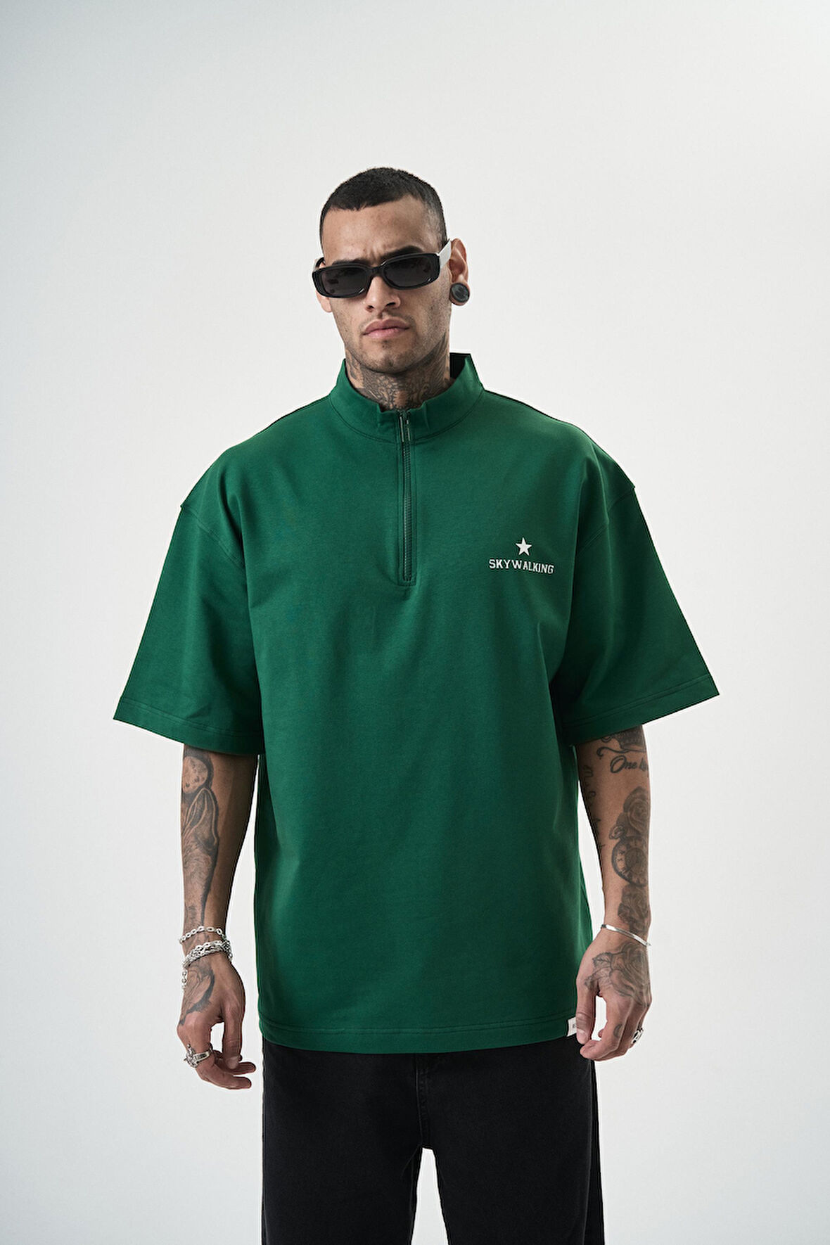Erkek Skywalking Baskılı Yarım Fermuarlı Oversize T-Shirt Nefti