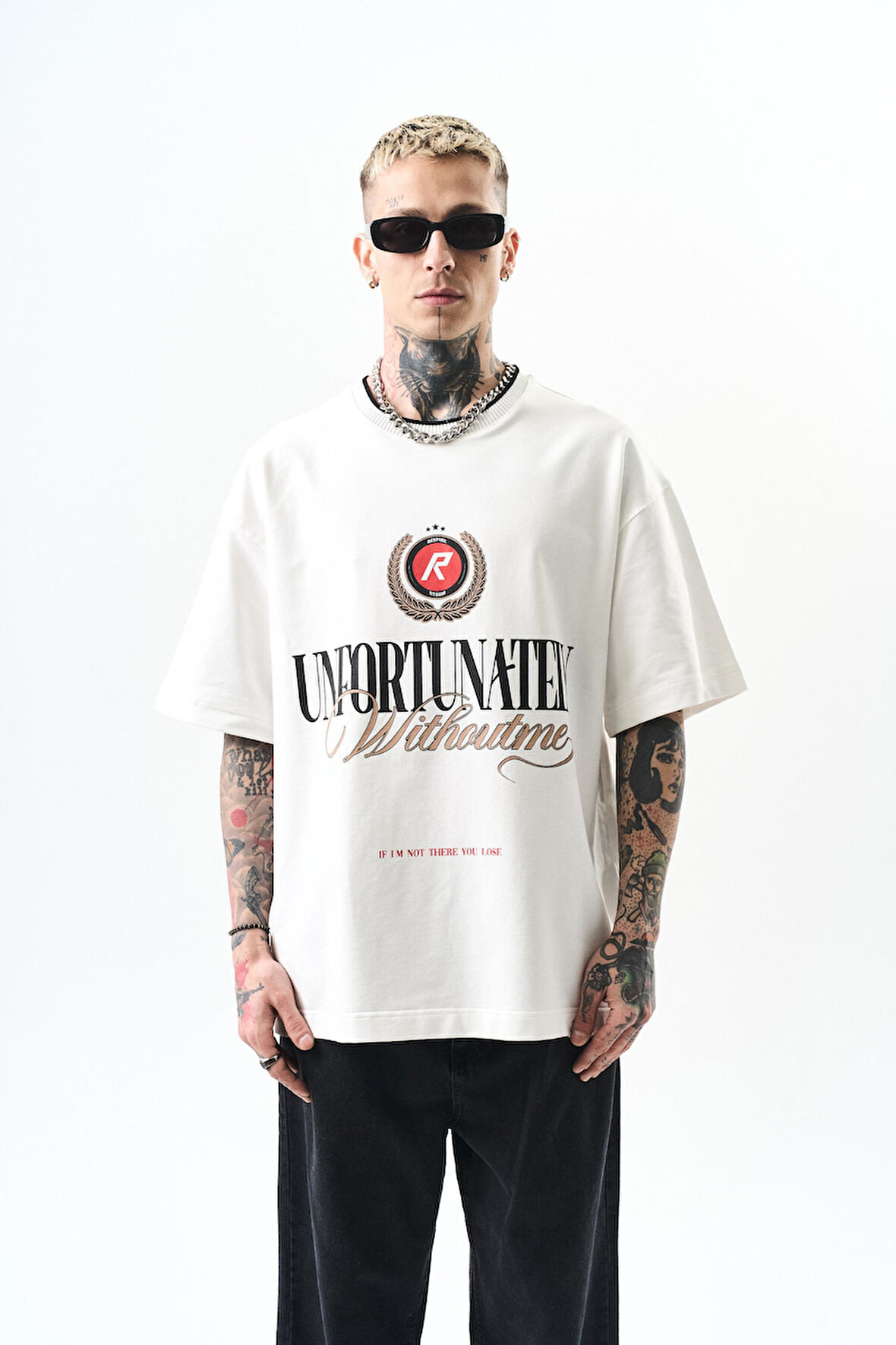 Erkek Unfortunately Baskılı Oversize T-Shirt Ekru