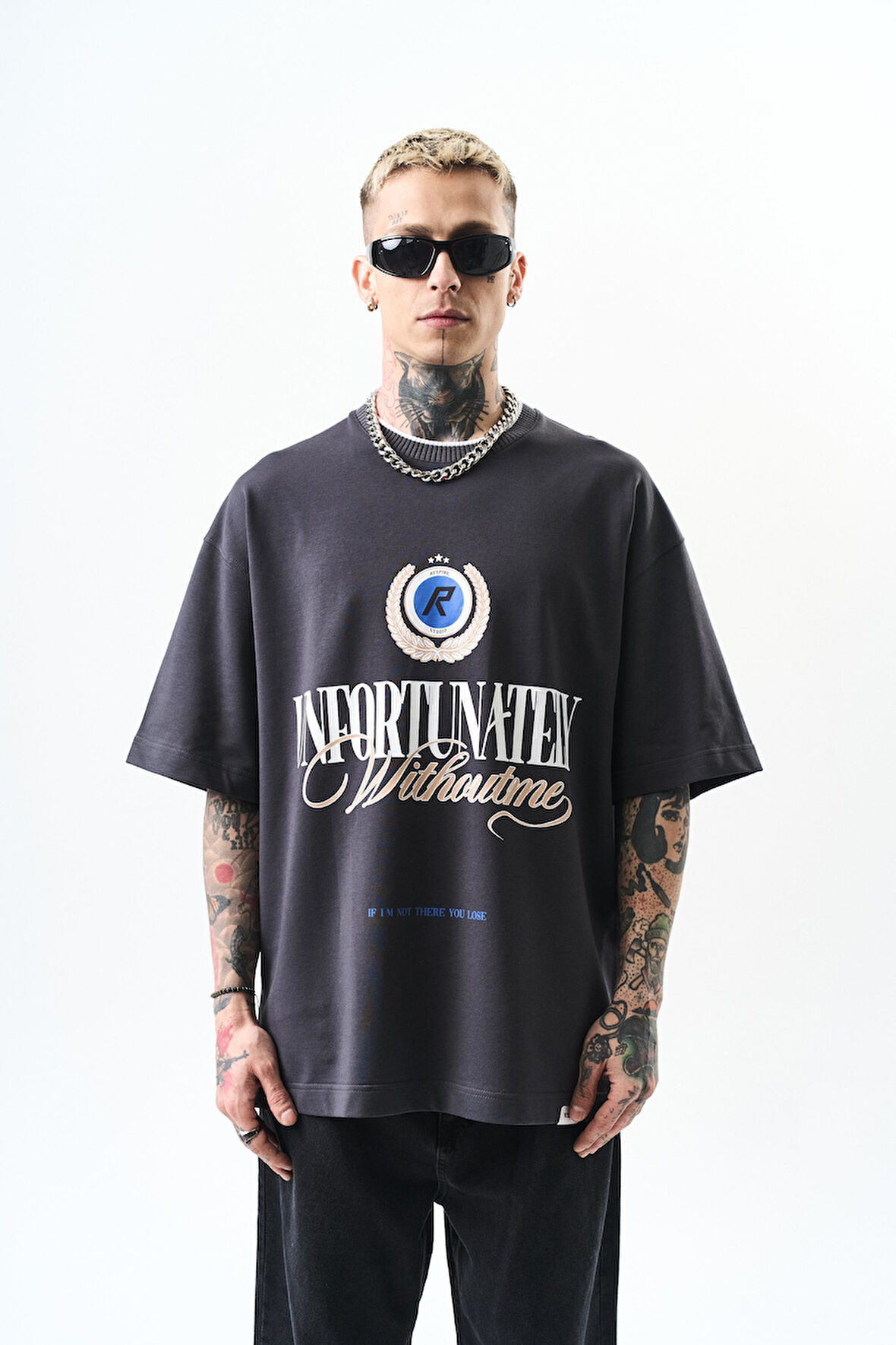 Erkek Unfortunately Baskılı Oversize T-Shirt Füme
