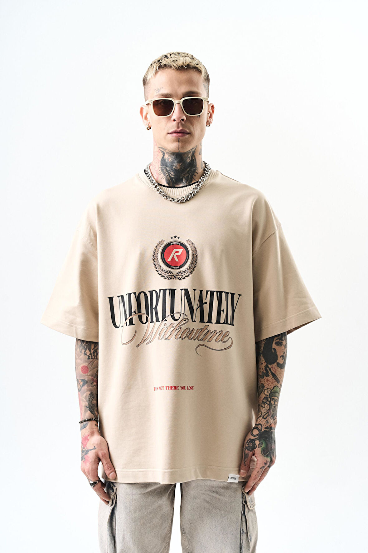 Erkek Unfortunately Baskılı Oversize T-Shirt Bej