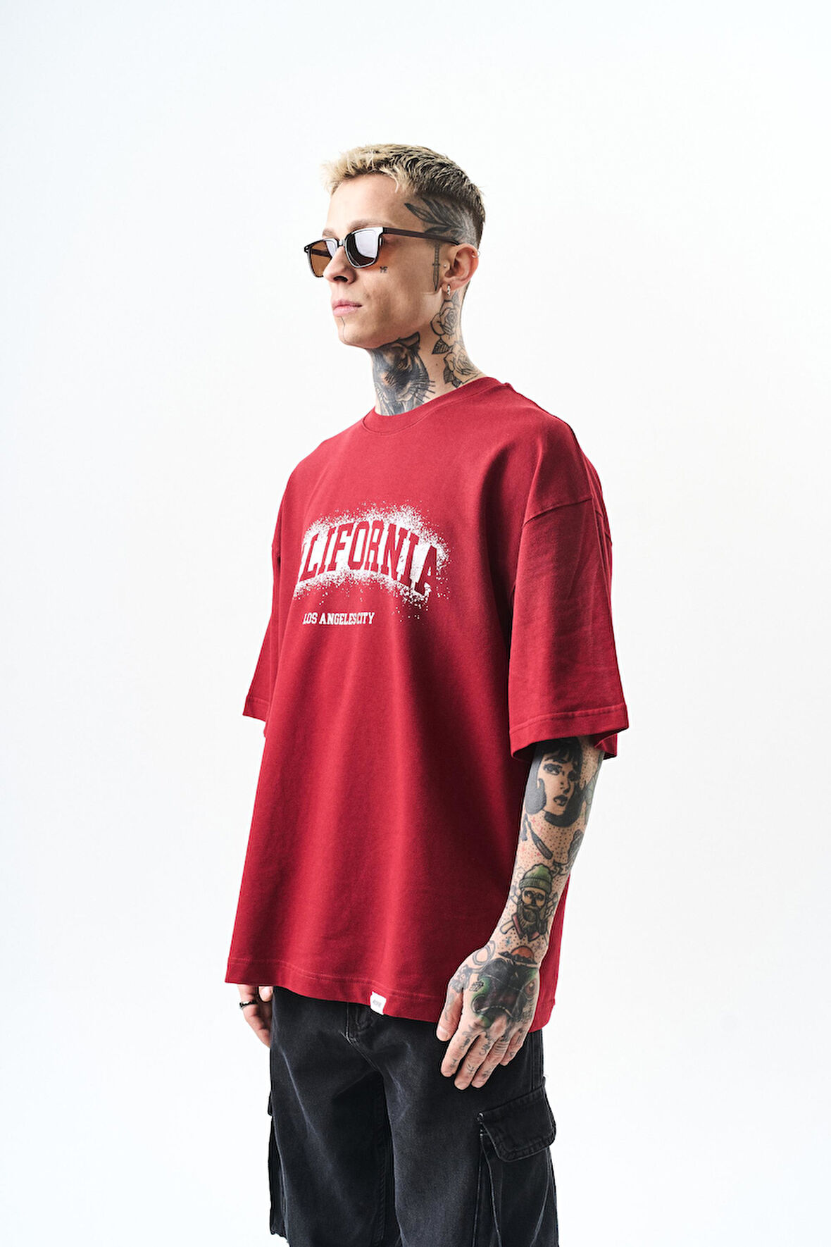 Erkek California Baskılı Oversize T-Shirt Bordo
