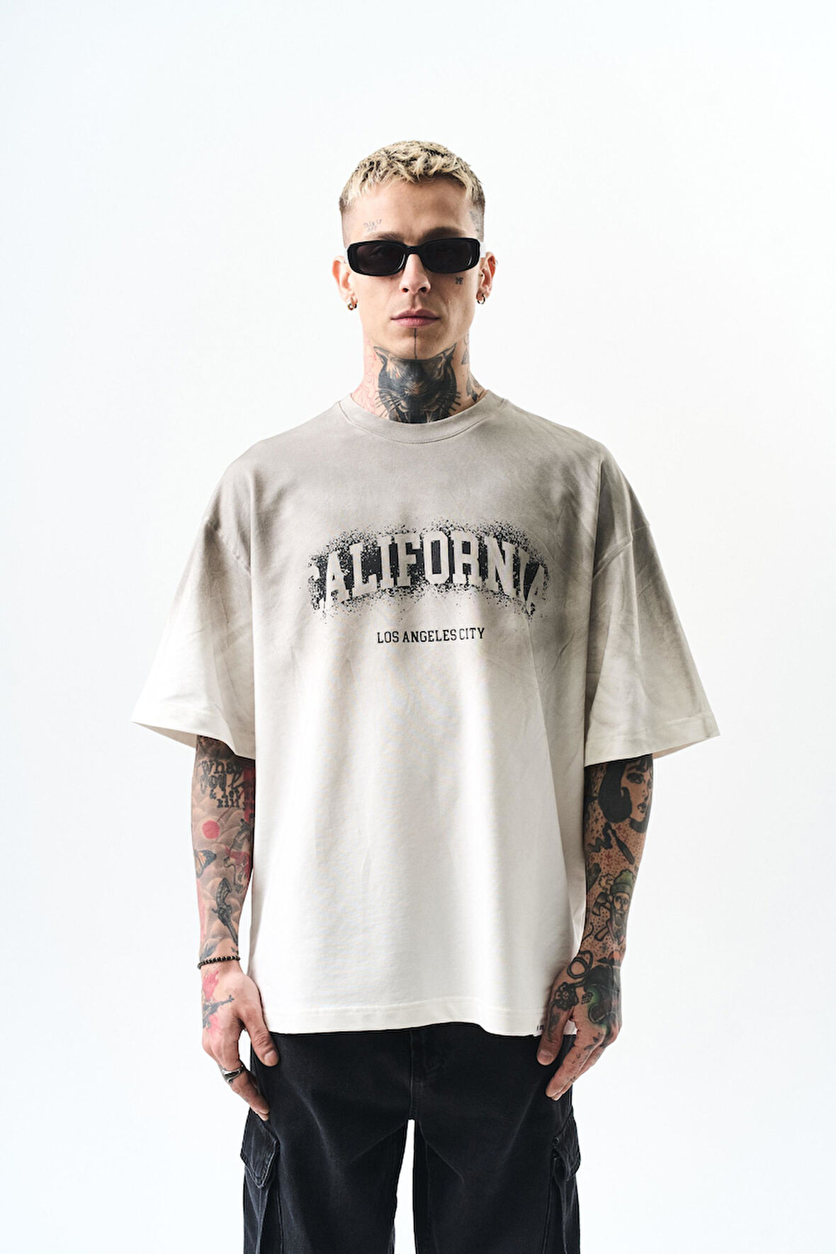 Erkek California Baskılı Oversize T-Shirt Ekru