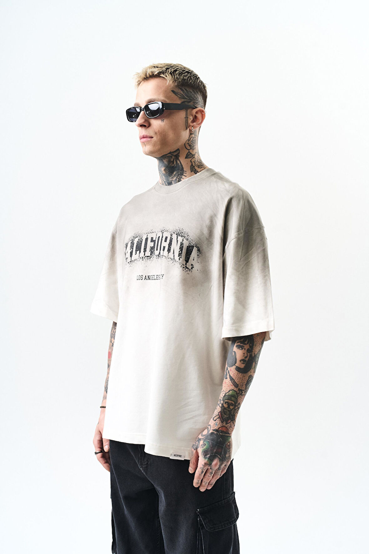 Erkek California Baskılı Oversize T-Shirt Ekru