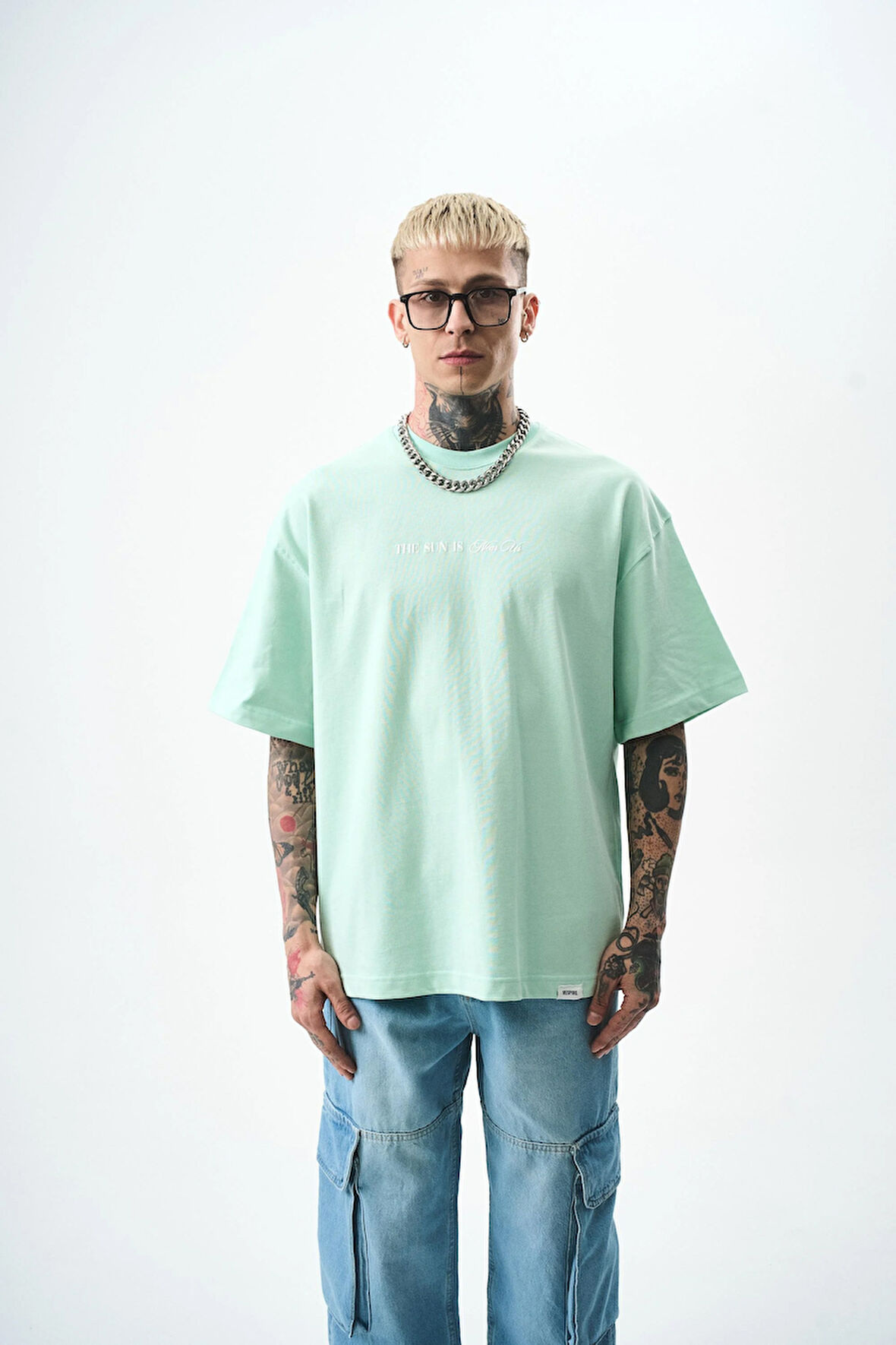 Erkek Palm Baskılı Oversize T-Shirt Su Yeşili