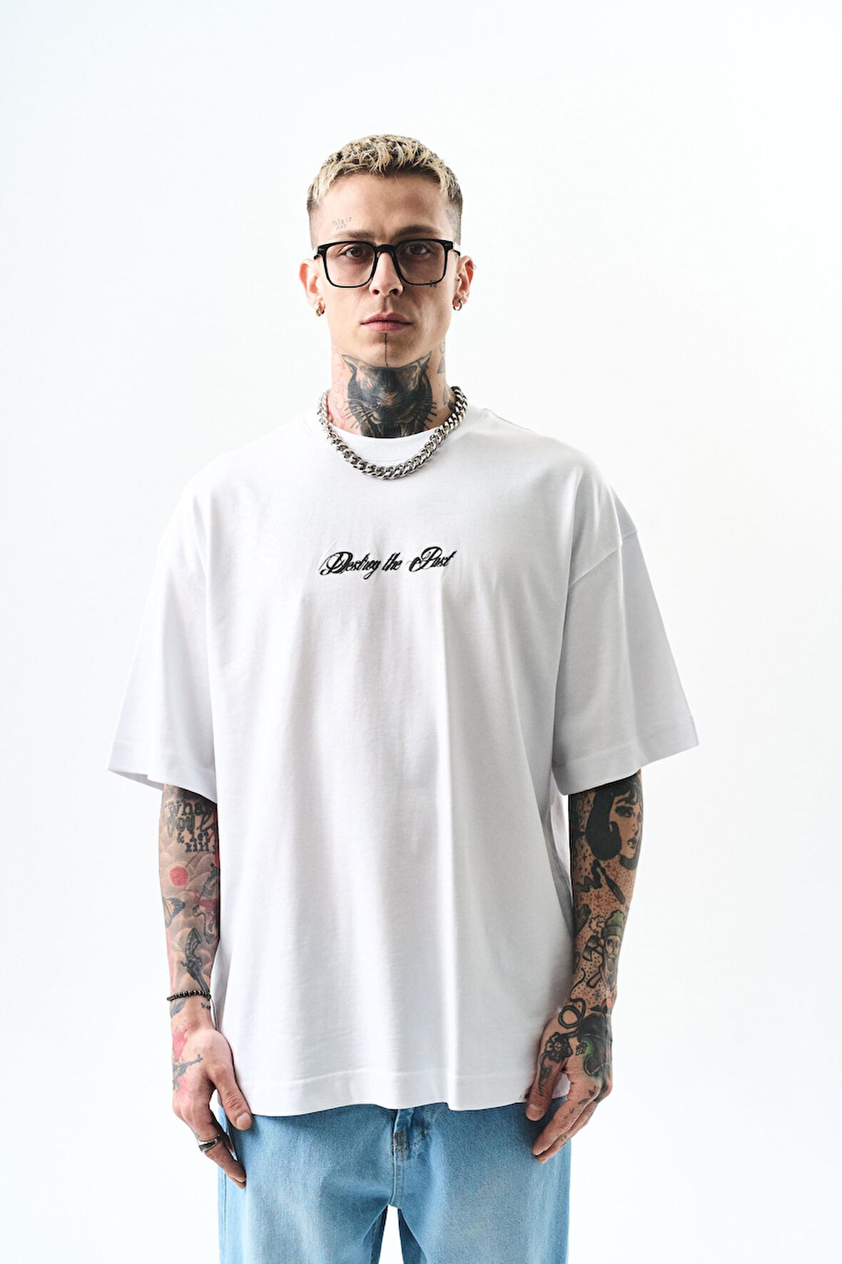 Erkek Destroy Baskılı Oversize T-Shirt Beyaz