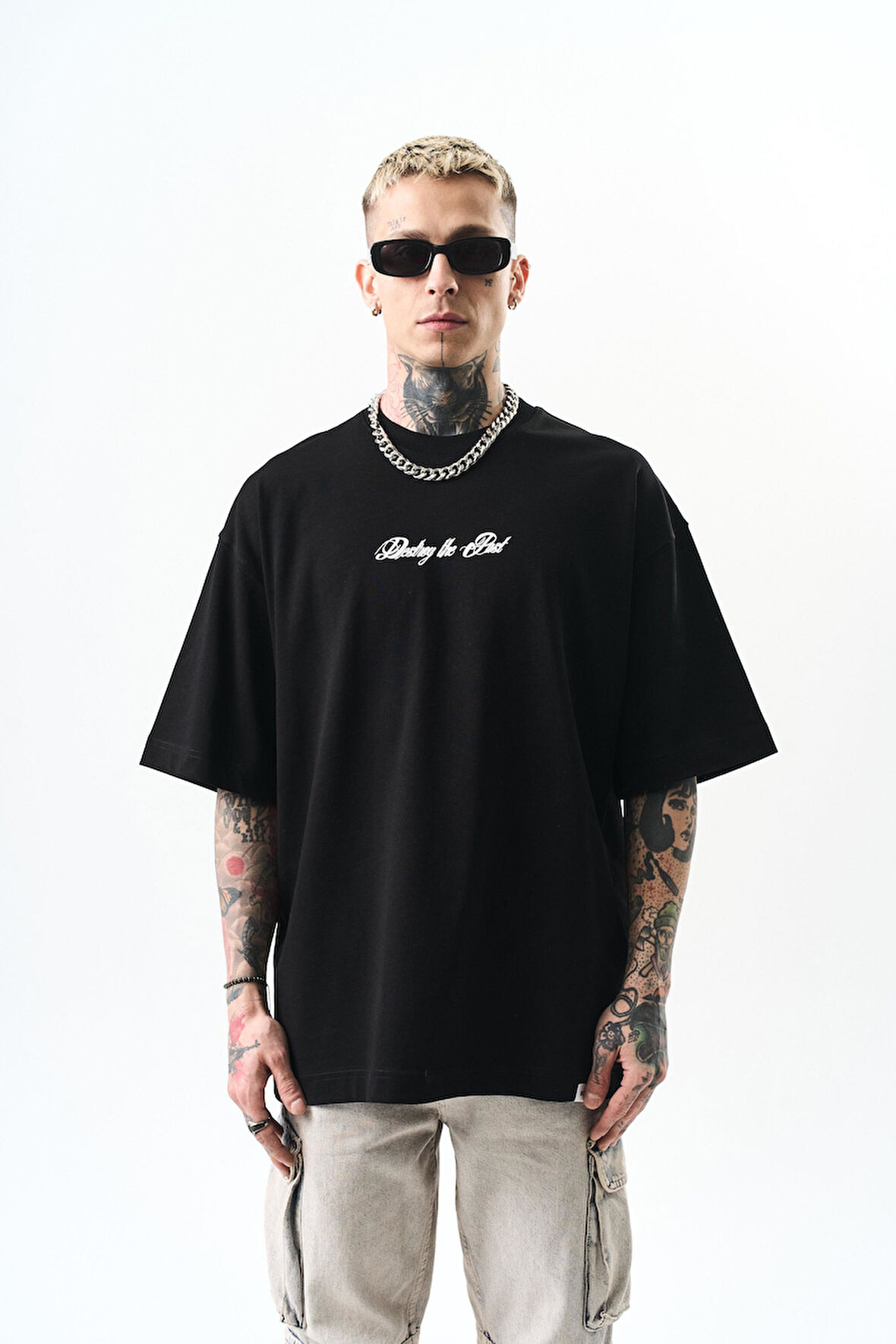 Erkek Destroy Baskılı Oversize T-Shirt Siyah