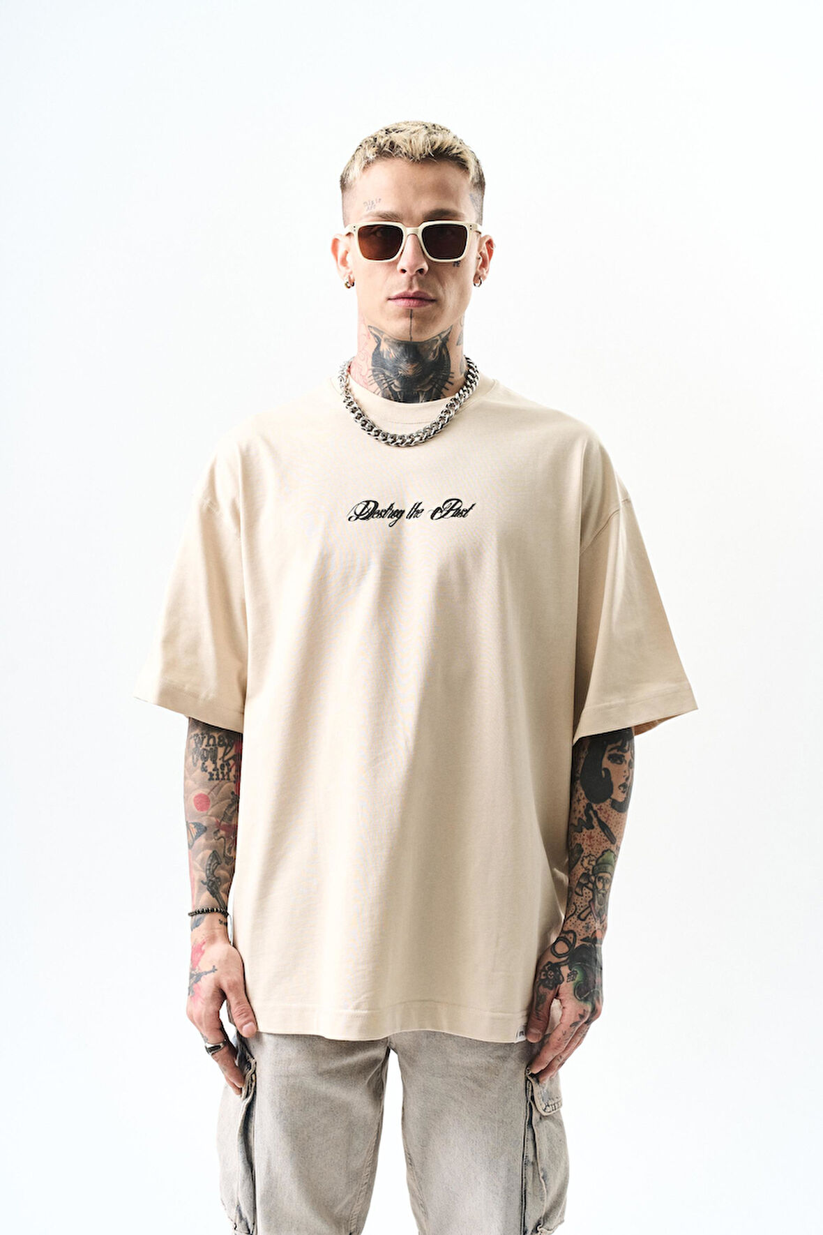 Erkek Destroy Baskılı Oversize T-Shirt Bej
