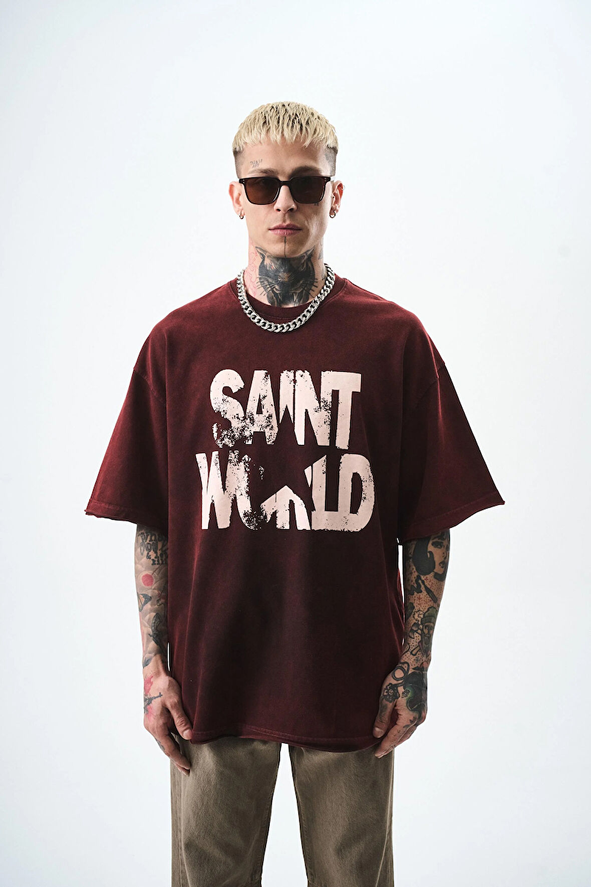 Erkek Star Baskılı Yıkamalı Oversize T-Shirt Bordo