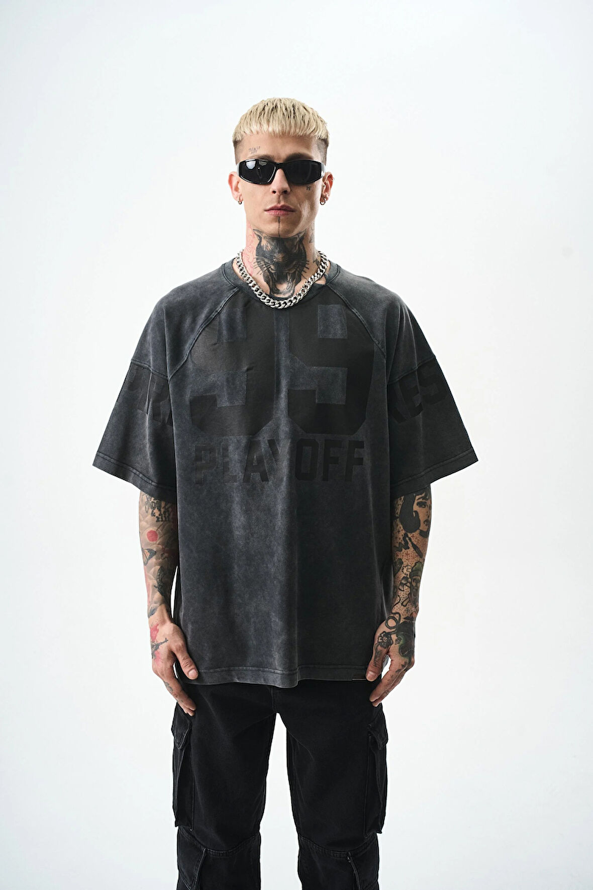 Erkek PlayOff 99 Baskılı Yıkamalı Oversize T-Shirt Siyah