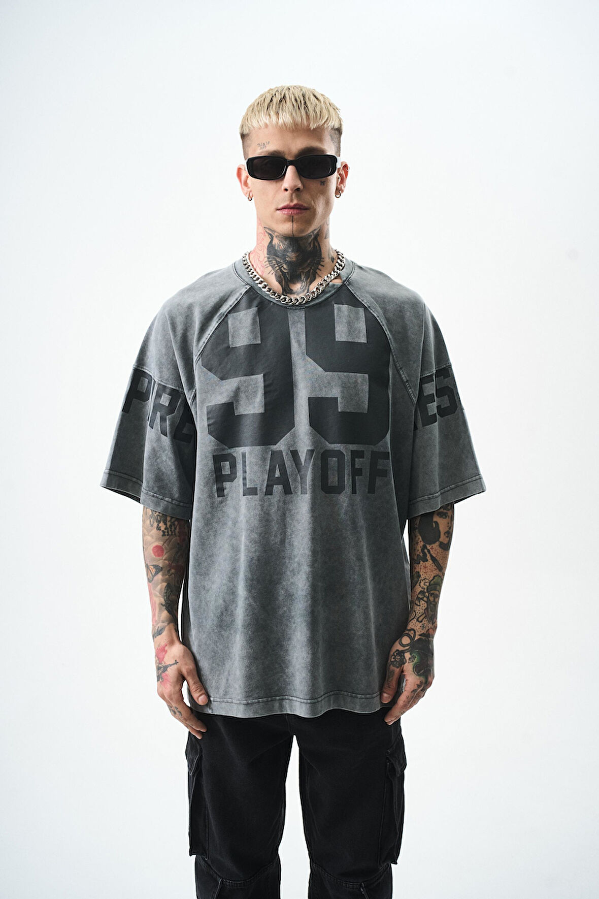 Erkek PlayOff 99 Baskılı Yıkamalı Oversize T-Shirt Gri