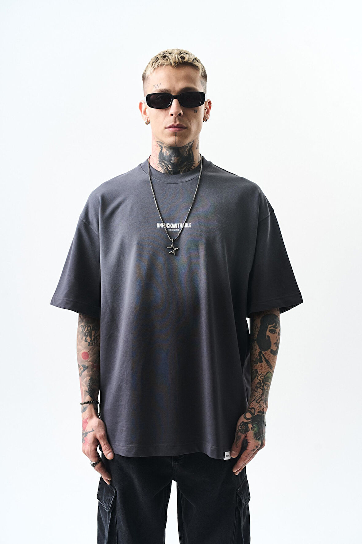 Erkek Unfuckwithable Baskılı Oversize T-Shirt Füme