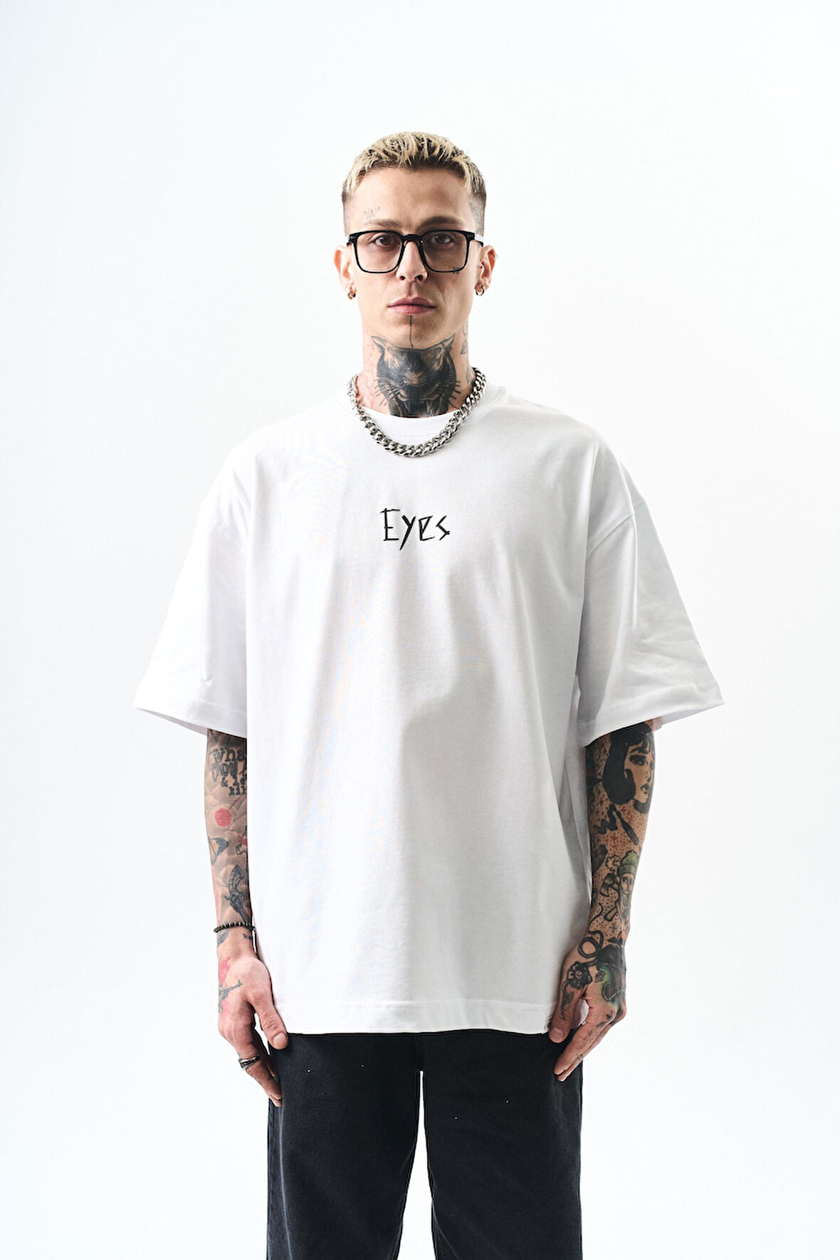 Erkek Eyes Baskılı Oversize T-Shirt Beyaz
