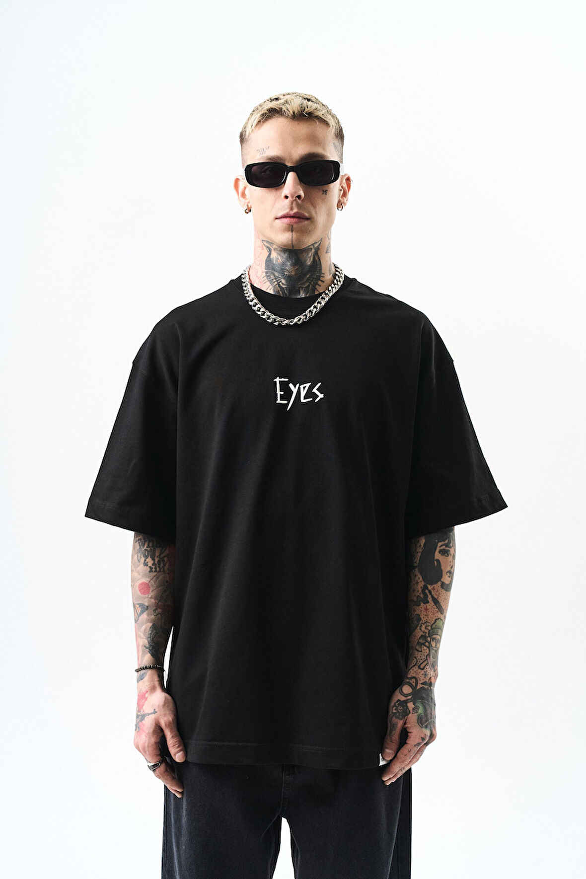 Erkek Eyes Baskılı Oversize T-Shirt Siyah