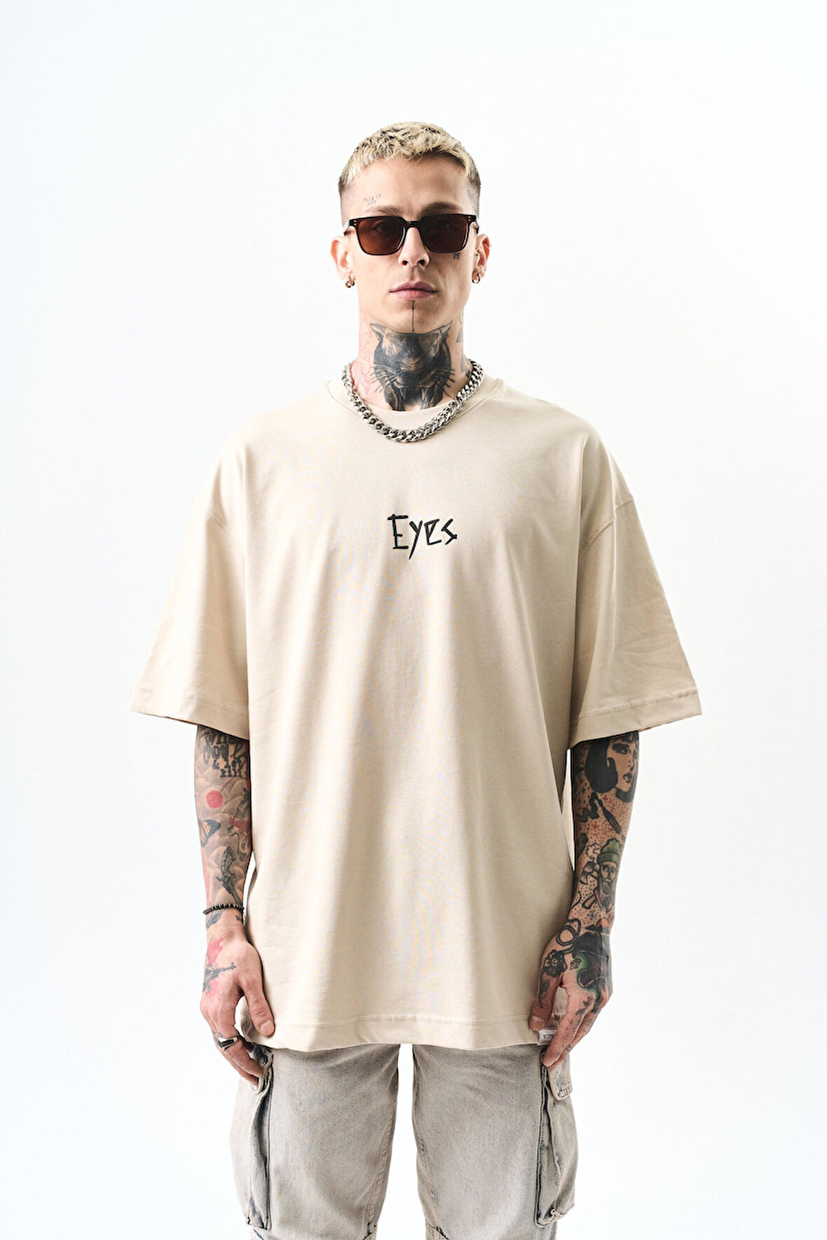 Erkek Eyes Baskılı Oversize T-Shirt Bej