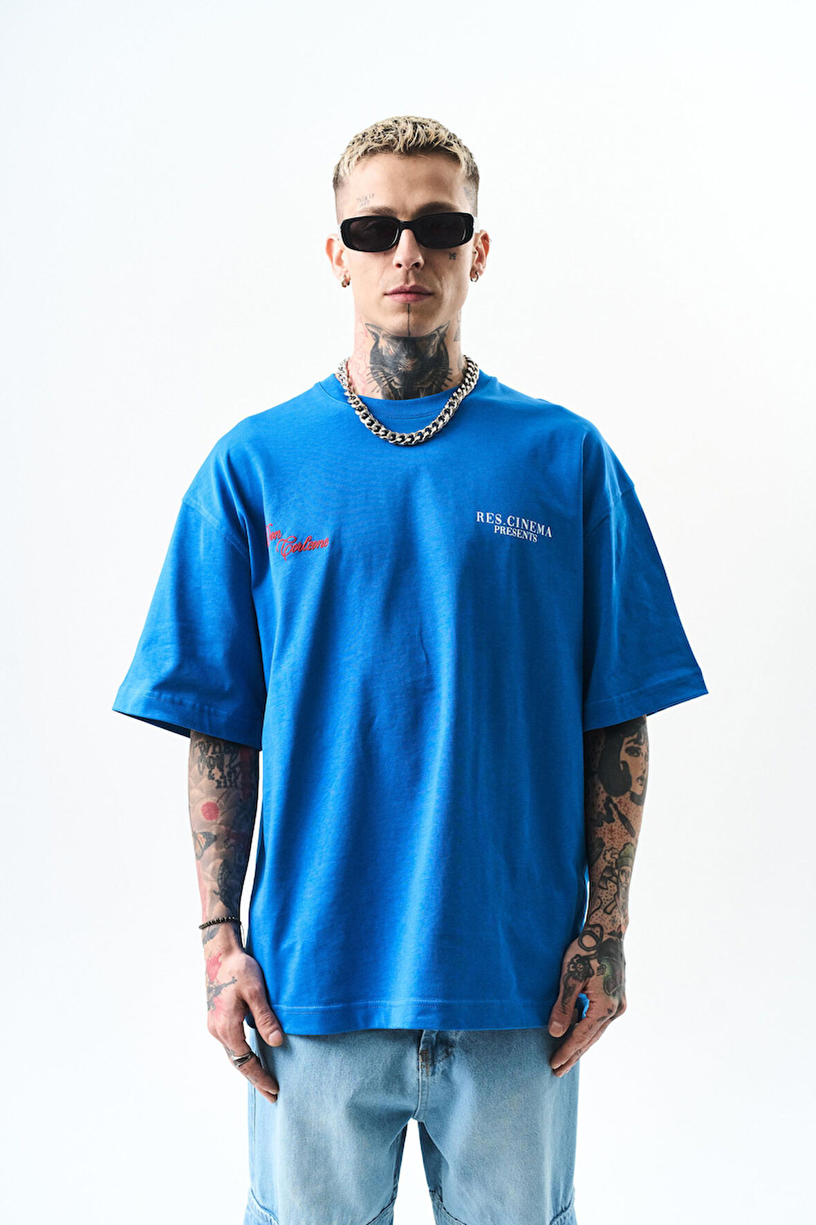 Erkek Godfather Baskılı Oversize T-Shirt Mavi