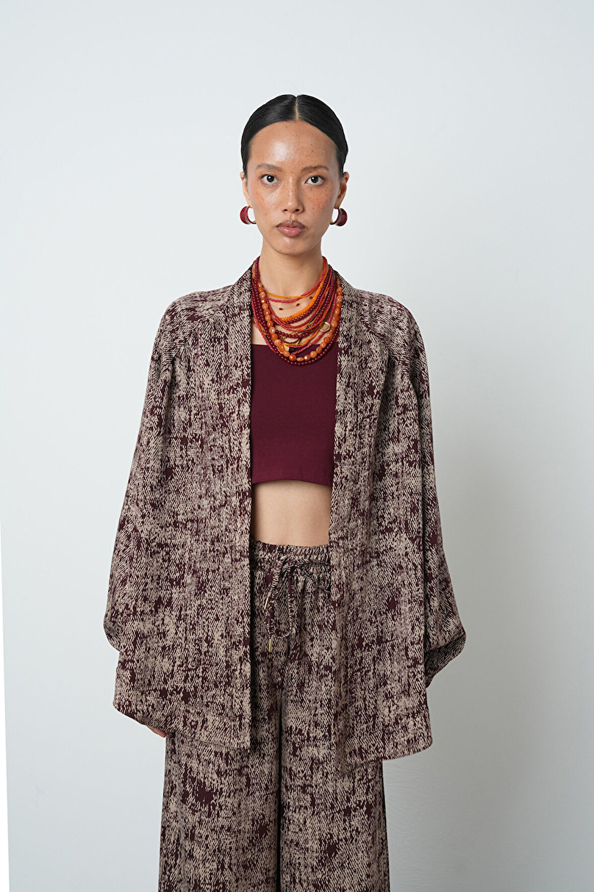 Kadın Bordo Renk Kırçıllı Oversize Kesim Tesettür Kimono