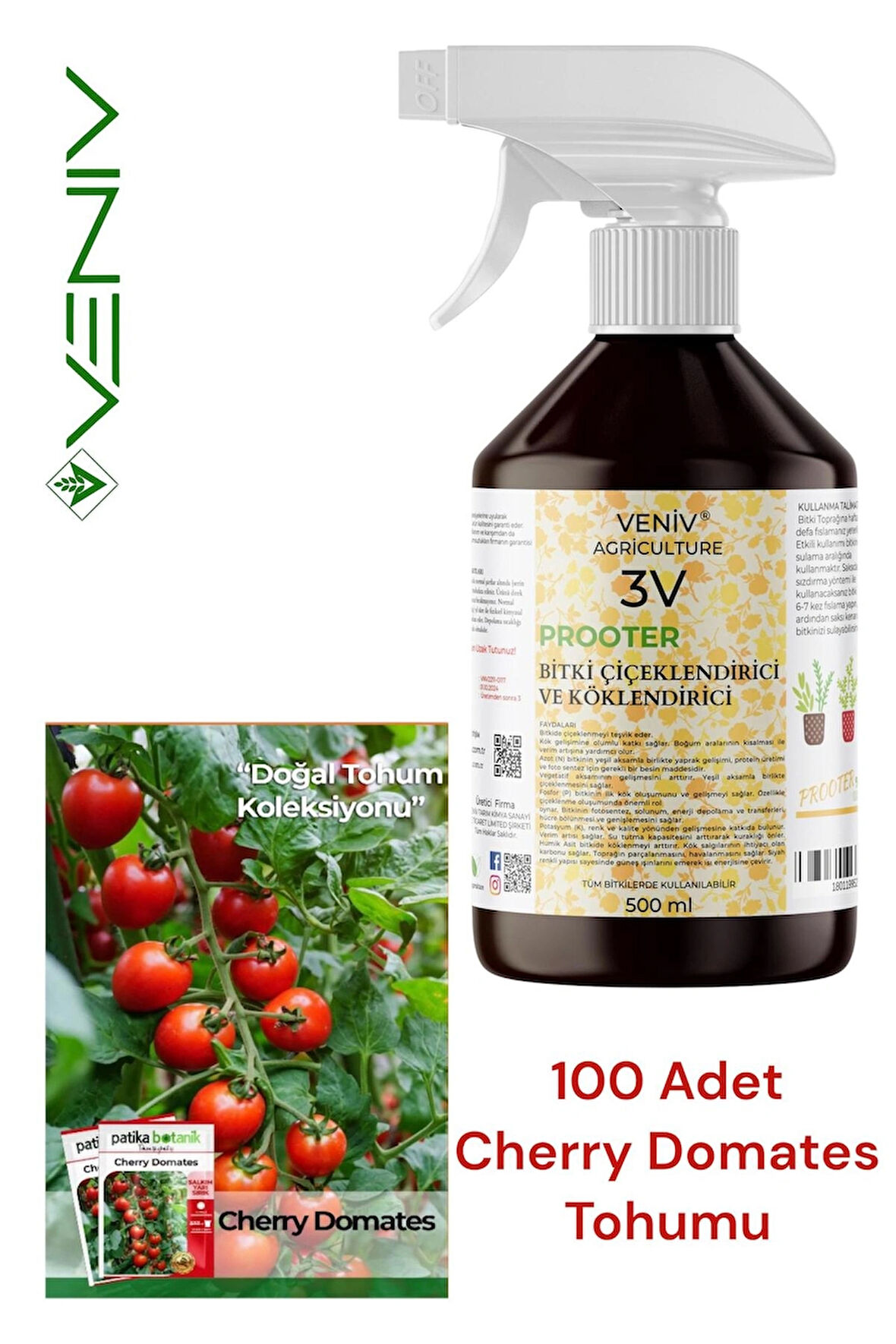 VENİV AGRİCULTURE 3V Prooter: 150 Cherry Domates Tohumu + 500 ml Besin ile Verimli Bahçeler