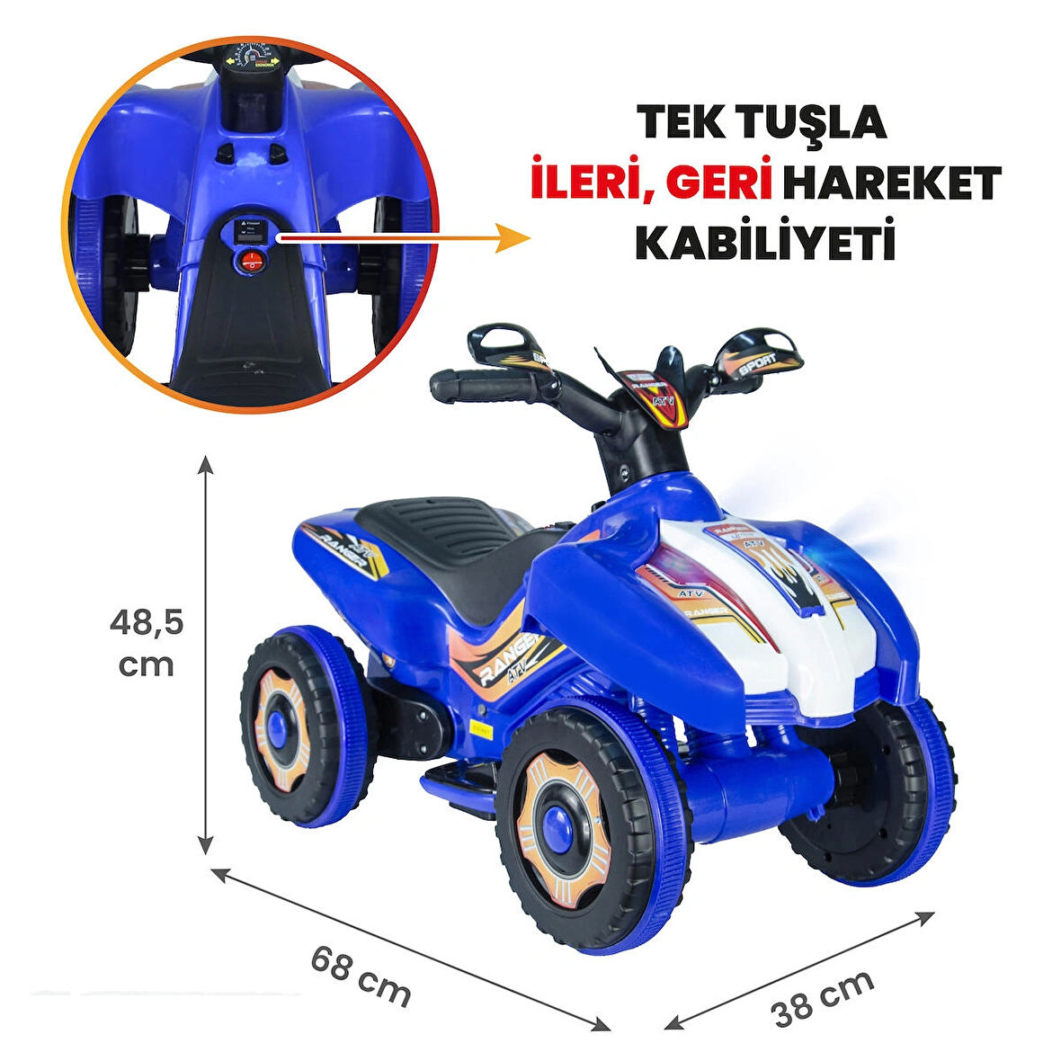 Uj Toys Müzikli ve Led Işıklı Akülü Atv 6V Ranger-Mavi