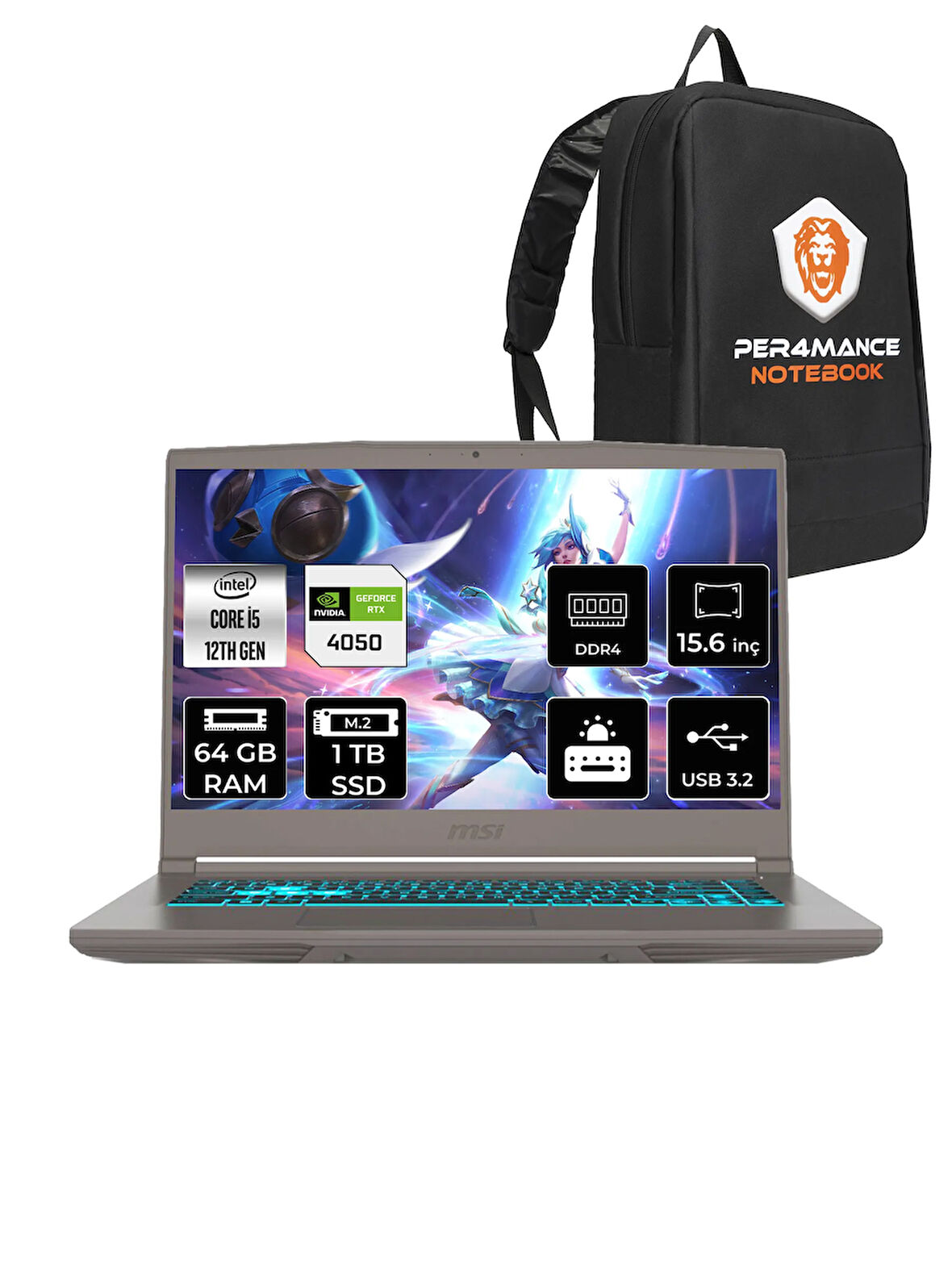 MSI Thin 15 i5 12450H 64GB 1TB SSD RTX4050/6GB 15.6" FHD 144HZ FDOS B12VE27TR & PER4 ÇANTA