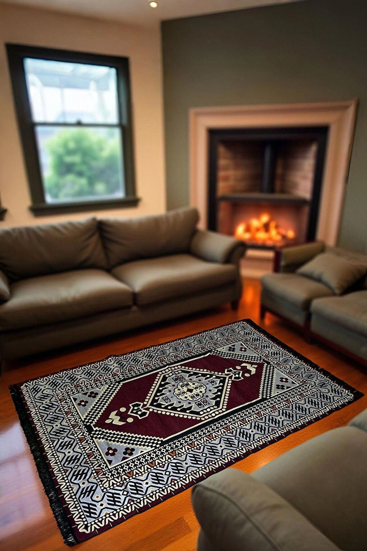 Şark Köşesi Kilim Halı Balkon ve Salon İçin Dekoratif Yıkanabilir Oturma Oda Halısı(bordo)