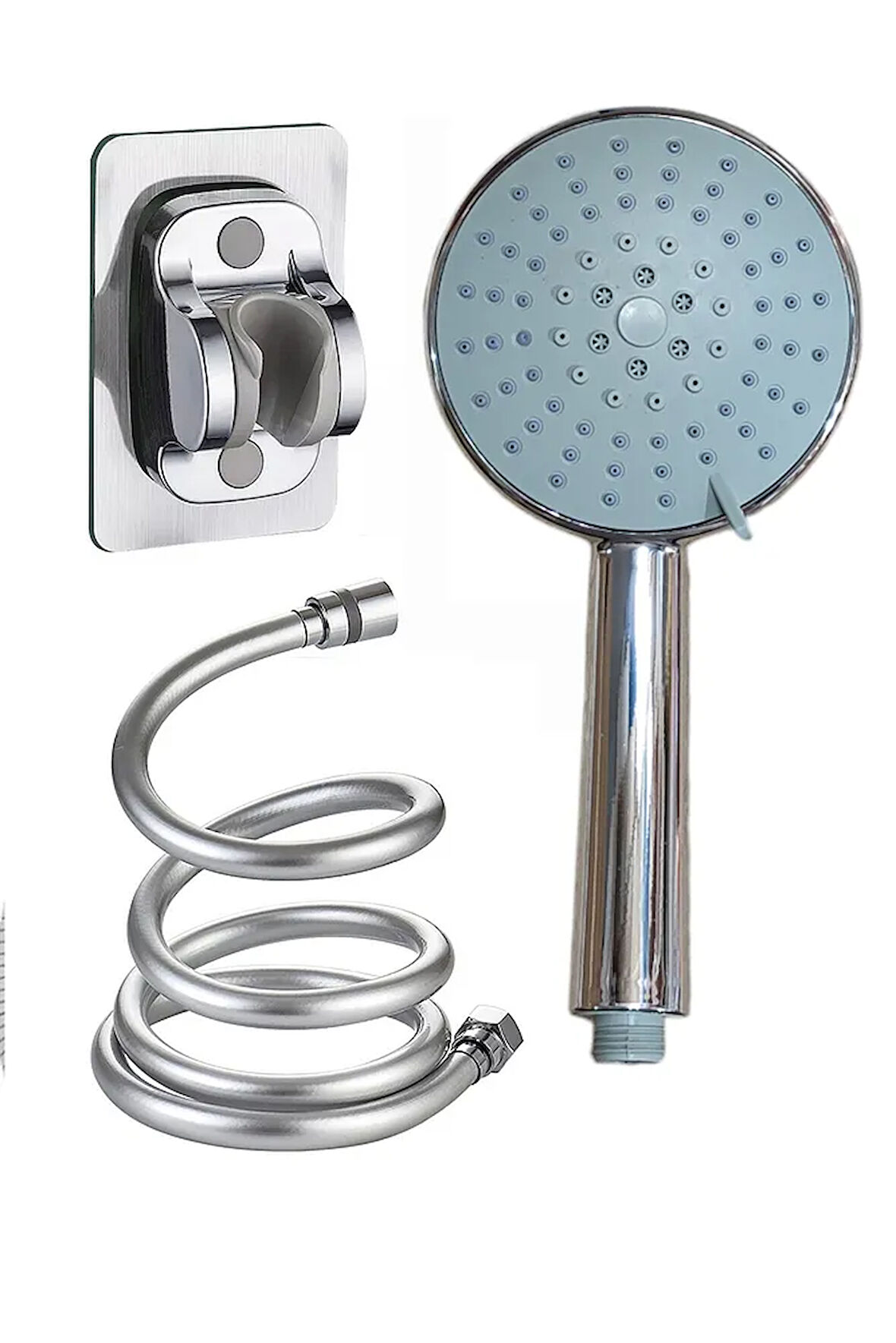 5 Fonksiyonlu. Preminyum Büyük Boy Krom Duş Başlığı 150cm Pvc Hortumlu Yapışkan Mafsallı Duş Seti