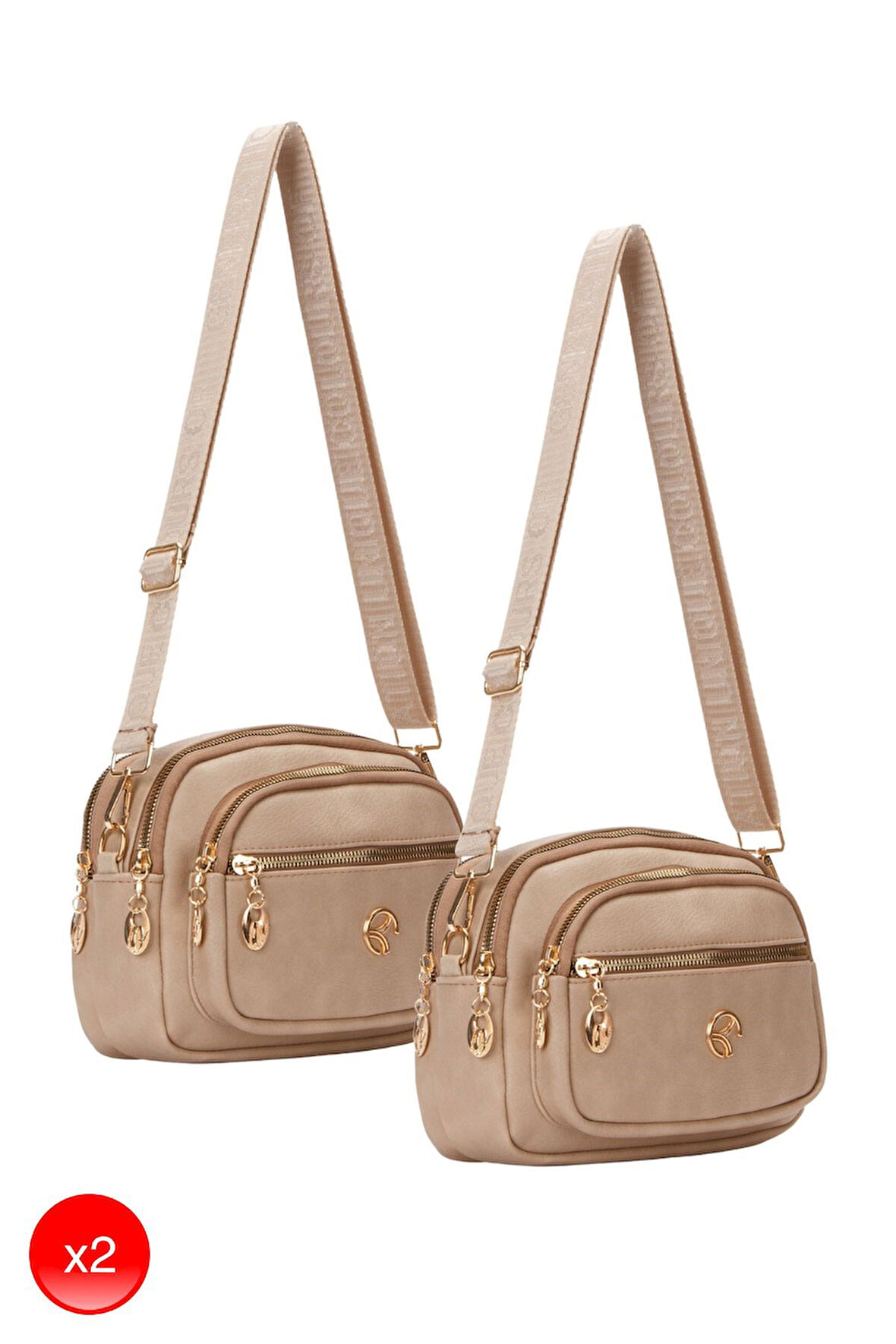 Kadın Çapraz Askılı Günlük Omuz Çantası Vizon 2 Adet Çanta