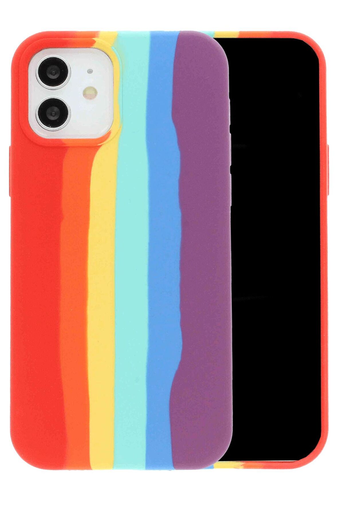 iPhone 13 Pro Leke Tutmaz Rainbow Desenli içi Kadife Turuncu Kılıf