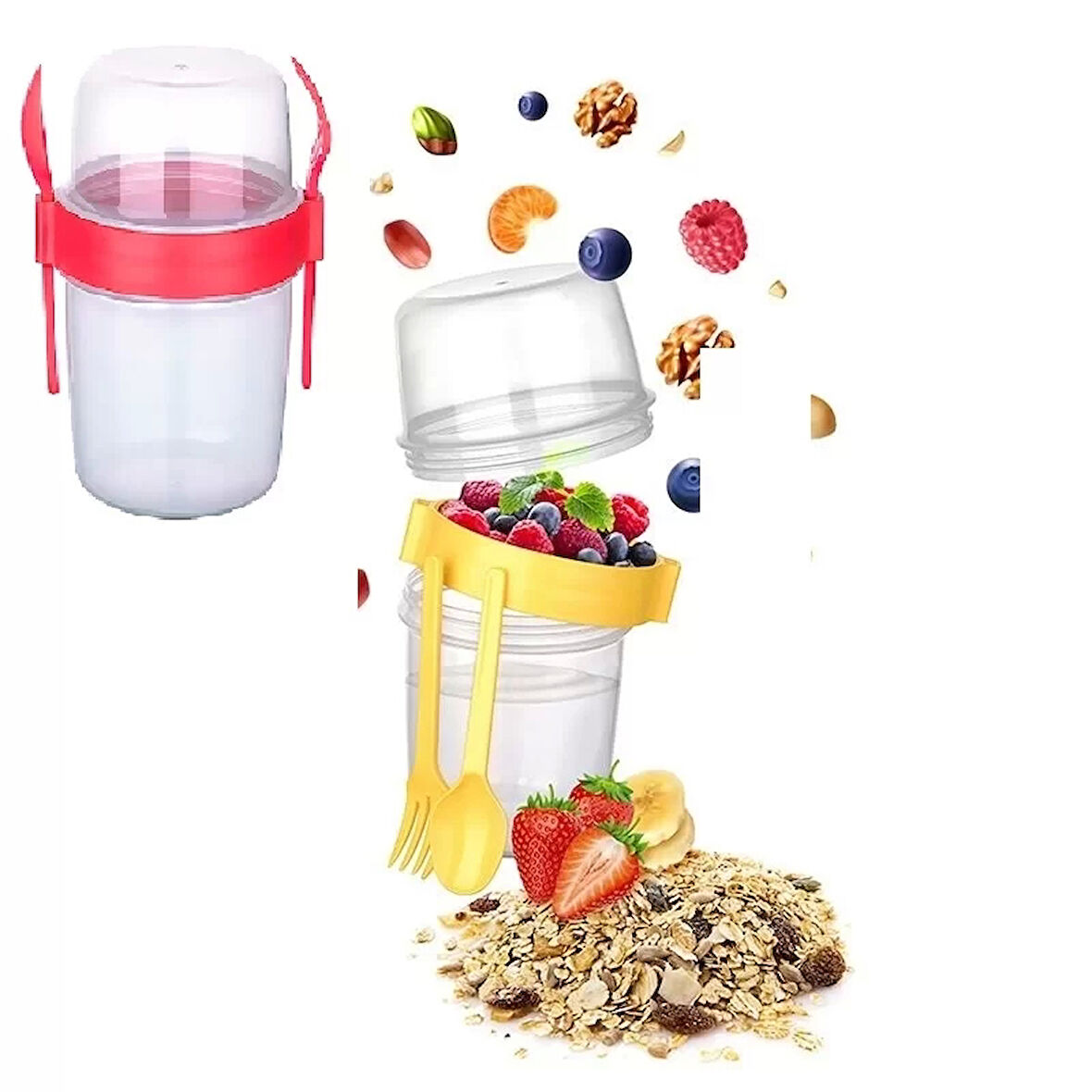 Çift Hazneli - Çatal Kaşıklı Portatif Müsli -atıştırmalık Kabı 800 Ml