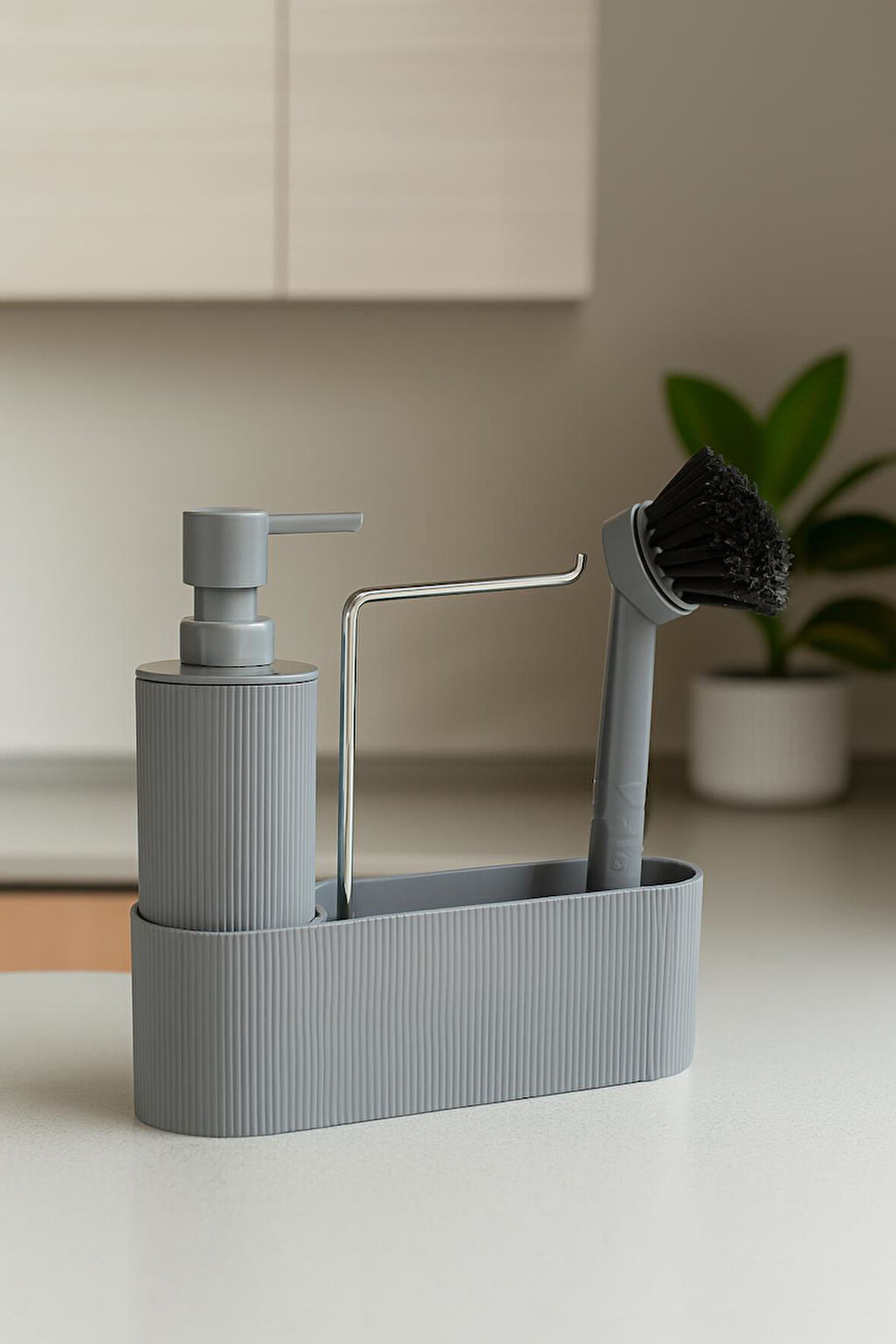 Gri Sabunluk Fırçalı Mutfak Lavabo Düzenleyici Seti- Sabunluk,Fırça Ve Organizer