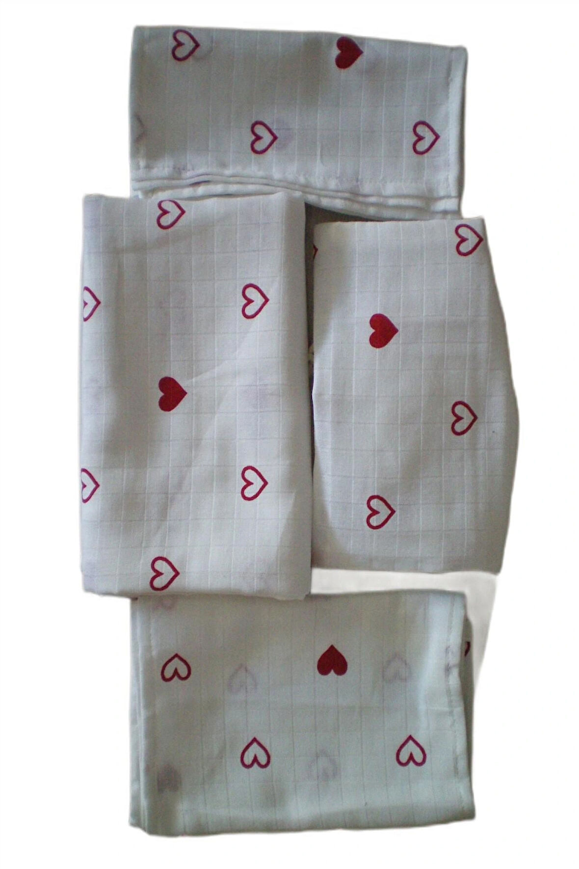More Home Müslin Bez Battaniye Set 6 Parça Kalp Desenli  Beyaz Kırmızı