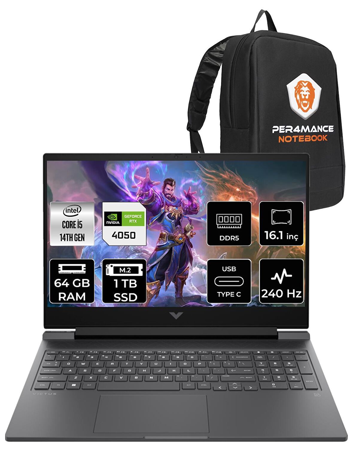 HP VİCTUS 16 i5 14500HX 64GB 1TB SSD RTX4050/6GB 240HZ 16.1'' QHD FDOS 9J204EA & PER4 ÇANTA