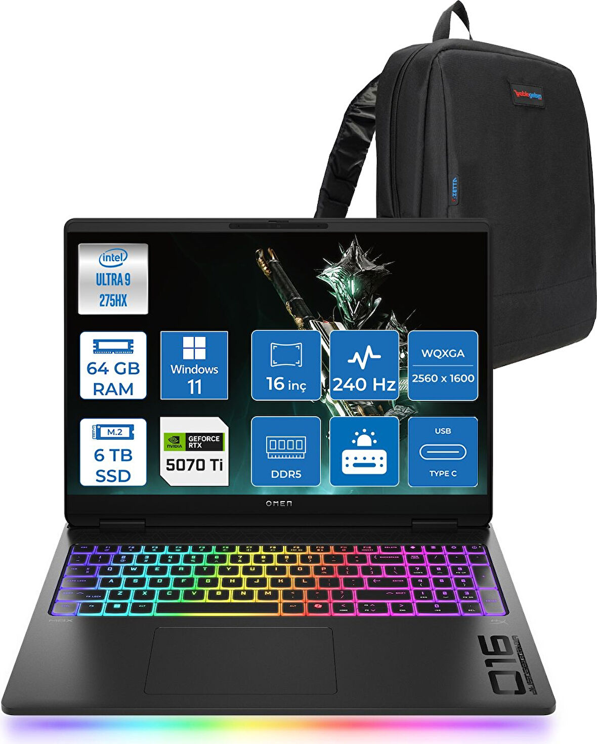 Hp Omen Max 16-AH0037NT Intel Core Ultra 9 275HX 64GB Ddr5 6tb SSD Windows 11 Pro 12GB Nvıdıa RTX5070TI 16 Inç 500NITS 2k Wqxga (2560 x 1600) 240HZ 3ms IPS Siyah C52QYEAP35 + Zetta Çanta