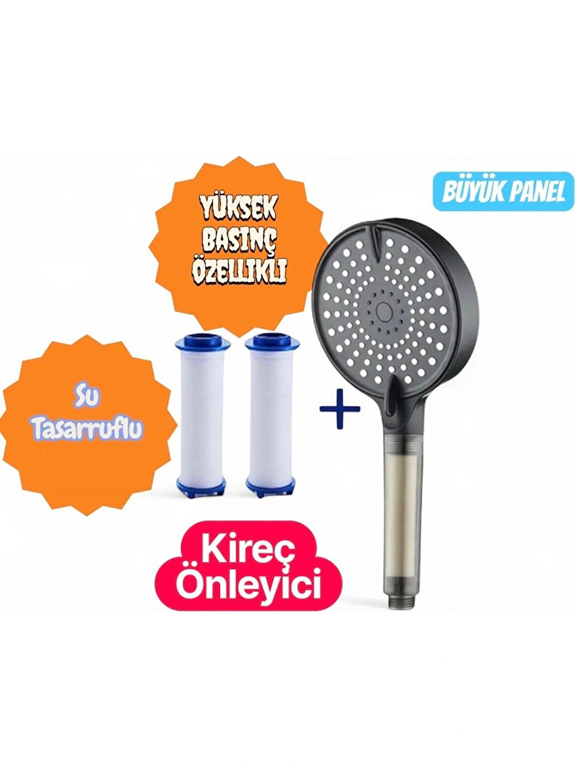BÜYÜK PANEL YÜKSEK BASINÇLI SU TASARRUFLU KİREÇ ÖNLEYİCİ DUŞ BAŞLIĞI 2 ADET YEDEK FİLTRELİ 