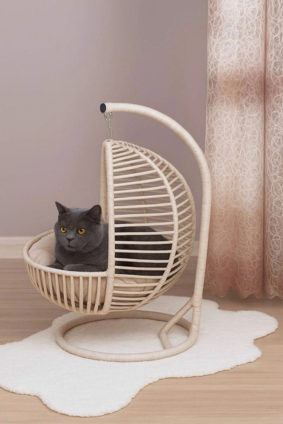 Cat Loft Kedi Salıncağı ve Minderli Rahat Yatağı, Sık Örgülü Rattan Tasarım