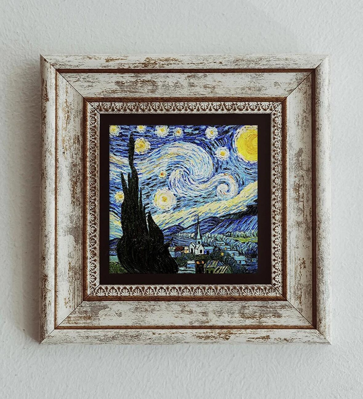 Vincent Van Gogh Starry Night Çerçeveli Taş Tablo , Çerçeveli Taş Duvar Dekoru