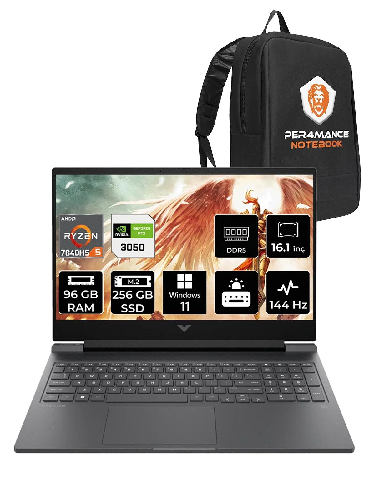 HP Victus 16 Ryzen 5 7640HS 96GB 256GB SSD RTX3050/6GB 144HZ 16.1" FHD W11HOME 8V8A1EA & PER4 ÇANTA