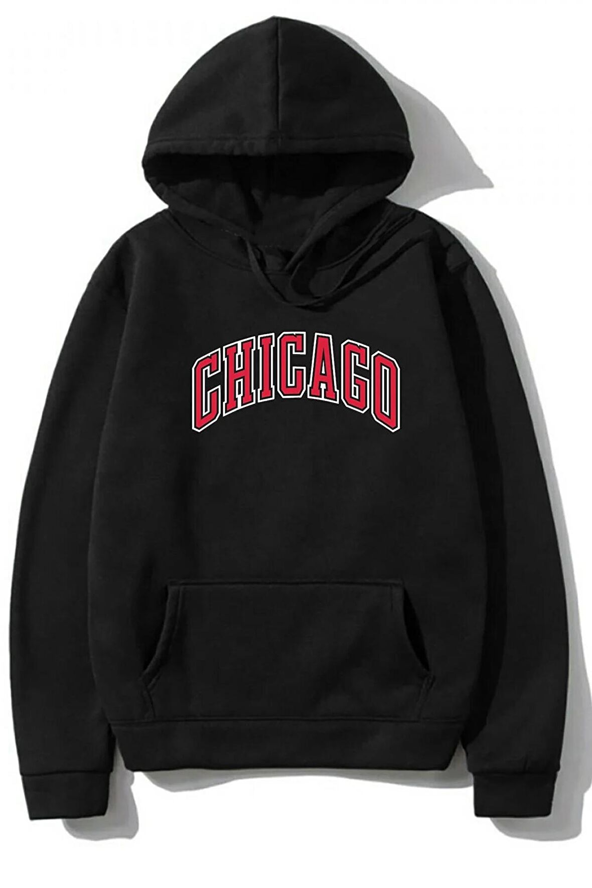 Unisex Chicago Siyah Kapüşonlu % 100 Pamuk 3 Iplik Hoodie Sweatshirt