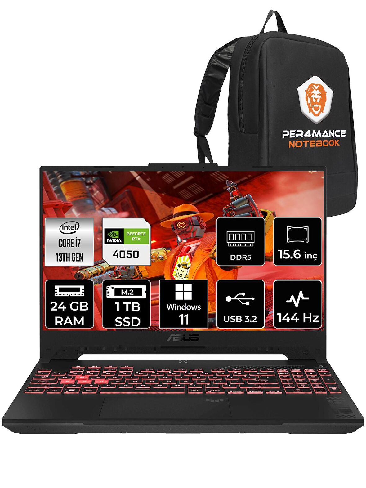 Asus Tuf Gaming F15 i7 13620H 24GB RAM 1TB SSD RTX4050/6GB 144Hz 15.6" FHD W11H LP261 & PER4 ÇANTA