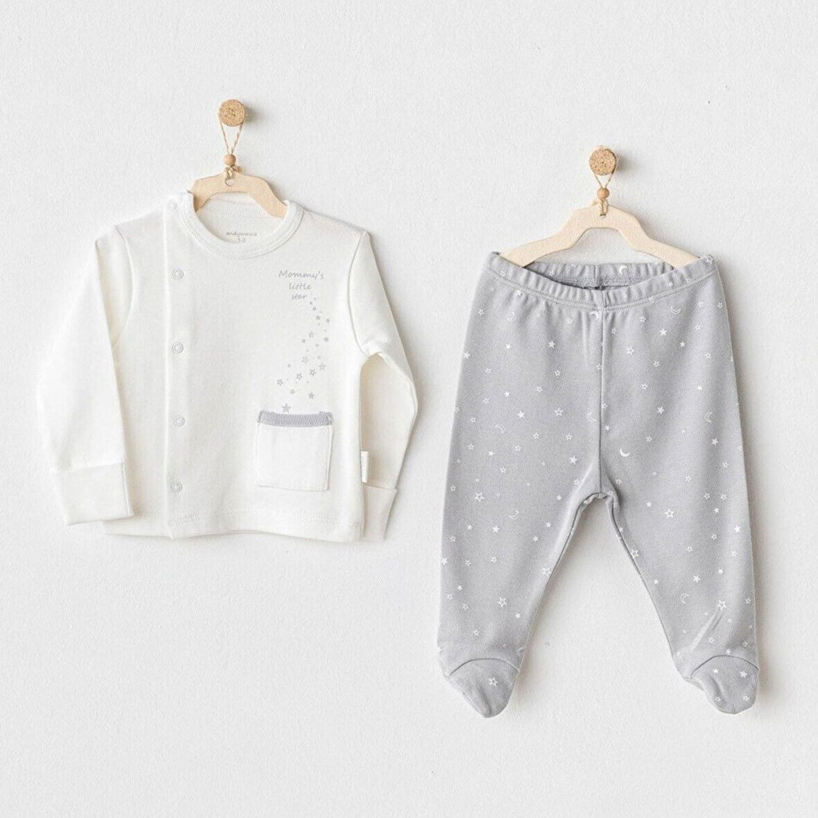 Andywawa AC25704 Sıde Snap Set Mommy's Little Star 2'Li Zıbın Set Grey