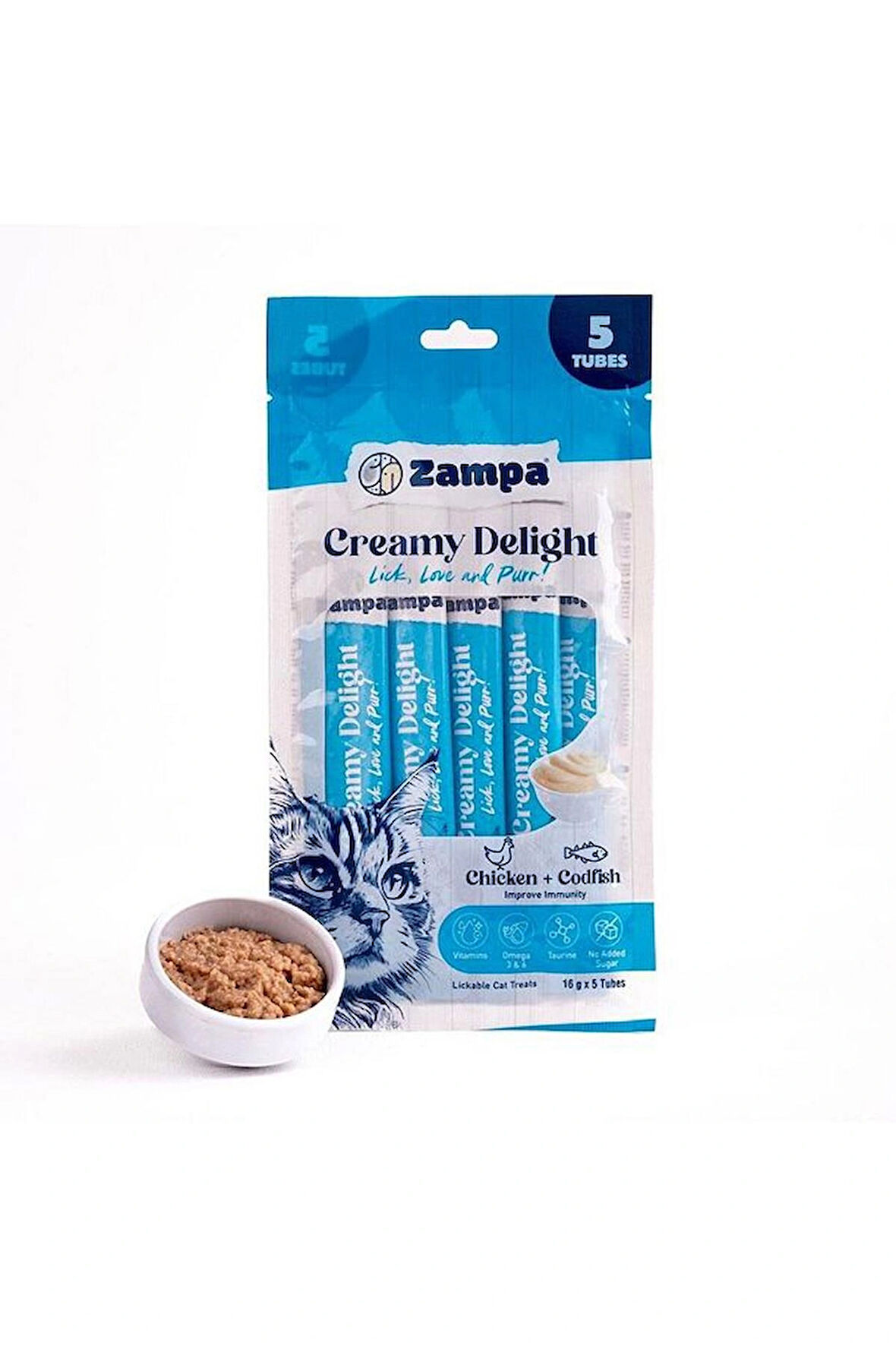 Zampa Creamy Delight Tavuklu & Morina Balıklı Kedi Krema Ödül Maması – 16gr x 5