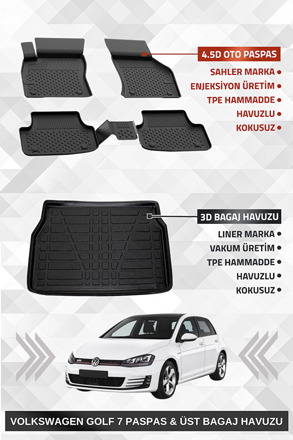 Sahler Volkswagen Golf 7 2013-2020 Uyumlu 4.5d Premium Havuzlu Paspas ve Liner Marka 3D ÜST Bagaj Havuzu