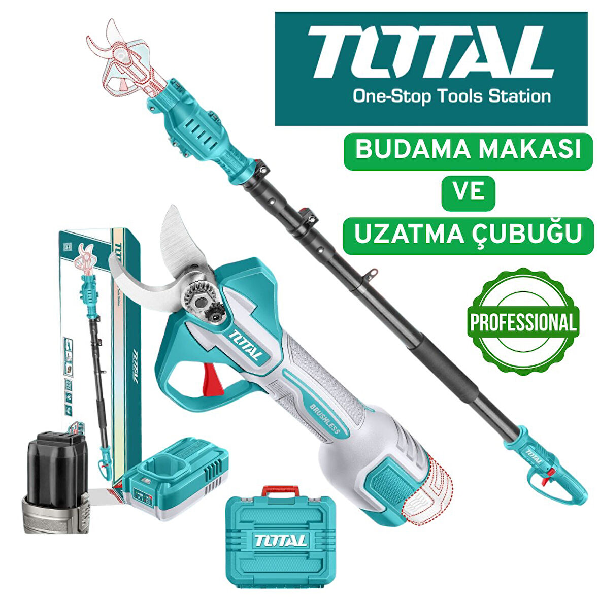 TOTAL Lİ-İON ÇİFT AKÜLÜ BUDAMA MAKASI + YÜKSEK DAL BUDAMA UZATMA ÇUBUĞU