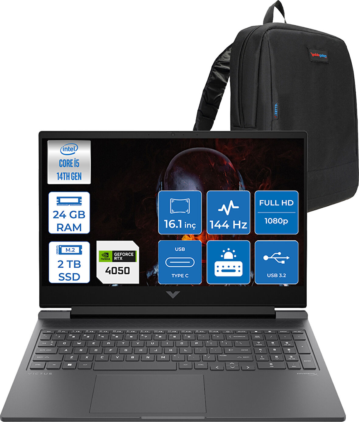 Hp Victus 16-R1708NT Intel Core I5 14450HX 24GB Ddr5 2tb SSD RTX4050 6gb 16.1" IPS Fhd (1920 x 1080) 144HZ 300NIT Freedos Taşınabilir Bilgisayar BL6W5EAF09 + Zetta Çanta