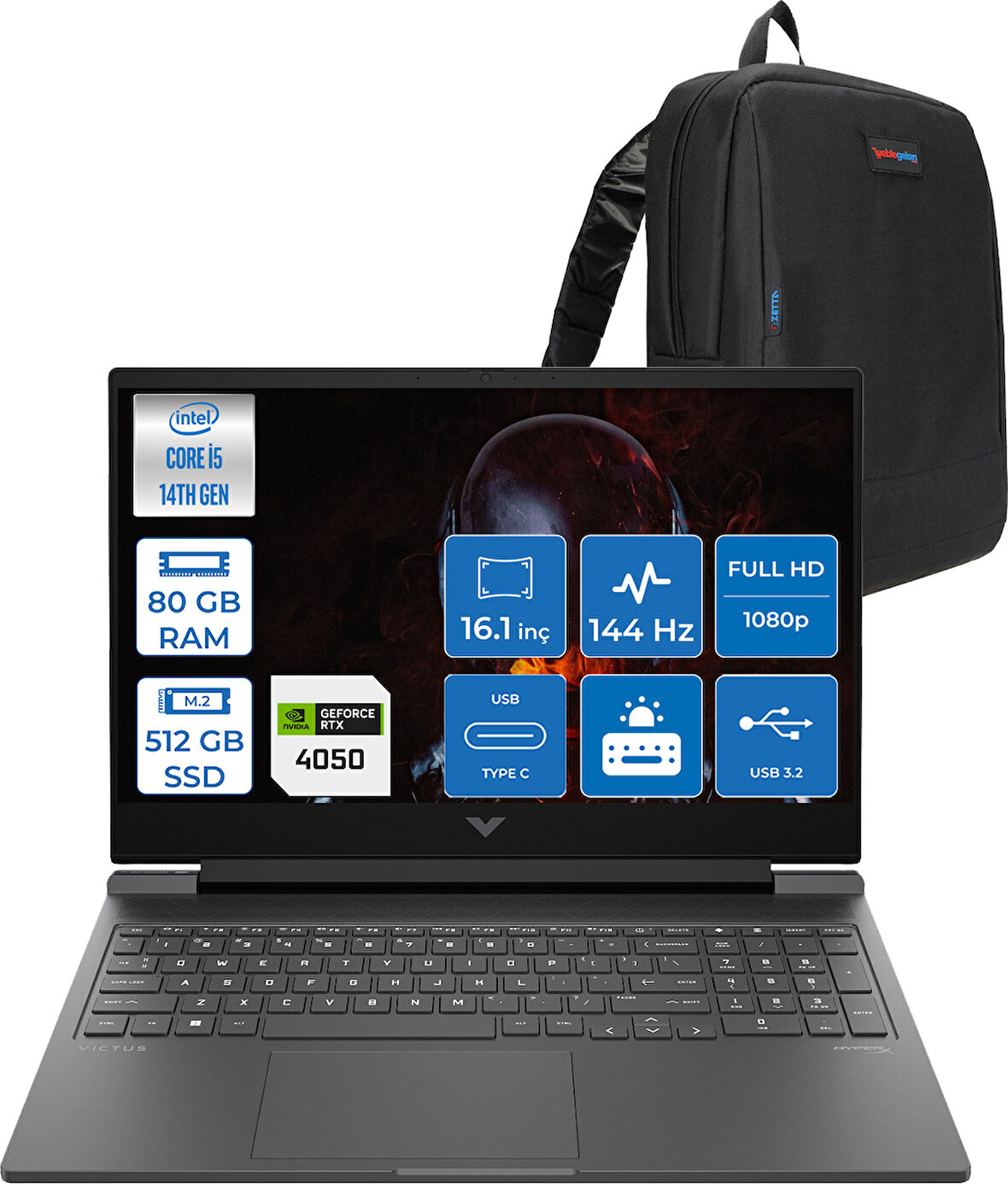 Hp Victus 16-R1708NT Intel Core I5 14450HX 80GB 512GB SSD RTX4050 6gb 16.1" IPS Fhd (1920 x 1080) 144HZ 300NIT Freedos Taşınabilir Bilgisayar BL6W5EAF32 + Zetta Çanta