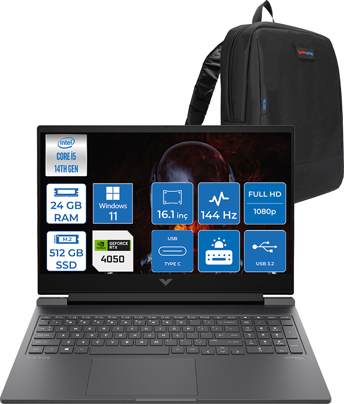 Hp Victus 16-R1708NT Intel Core I5 14450HX 24GB Ddr5 512GB SSD RTX4050 6gb 16.1" IPS Fhd (1920 x 1080) 144HZ 300NIT Windows 11 Home Taşınabilir Bilgisayar BL6W5EAH07 + Zetta Çanta