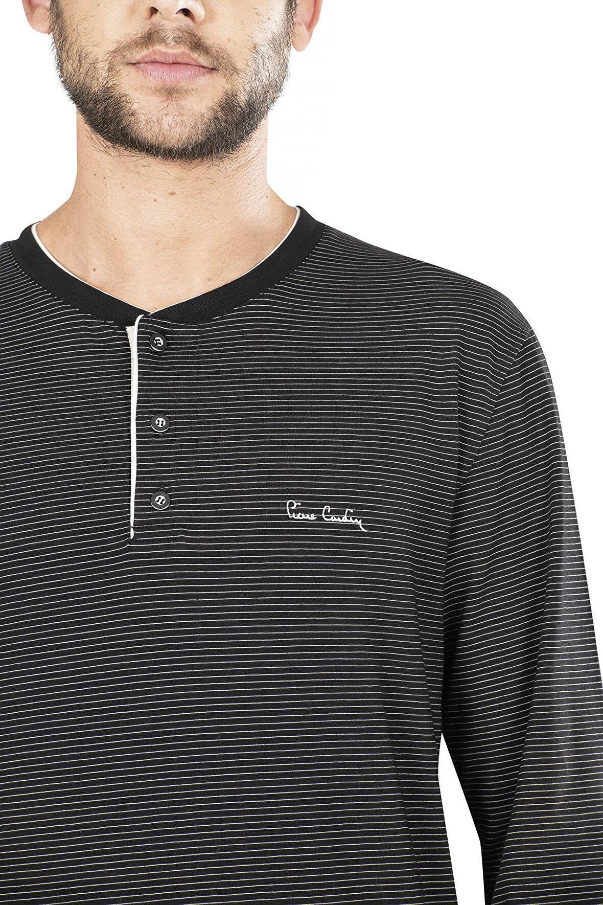 Erkek Çizgili Uzun Kollu Siyah Penye Pijama Takımı