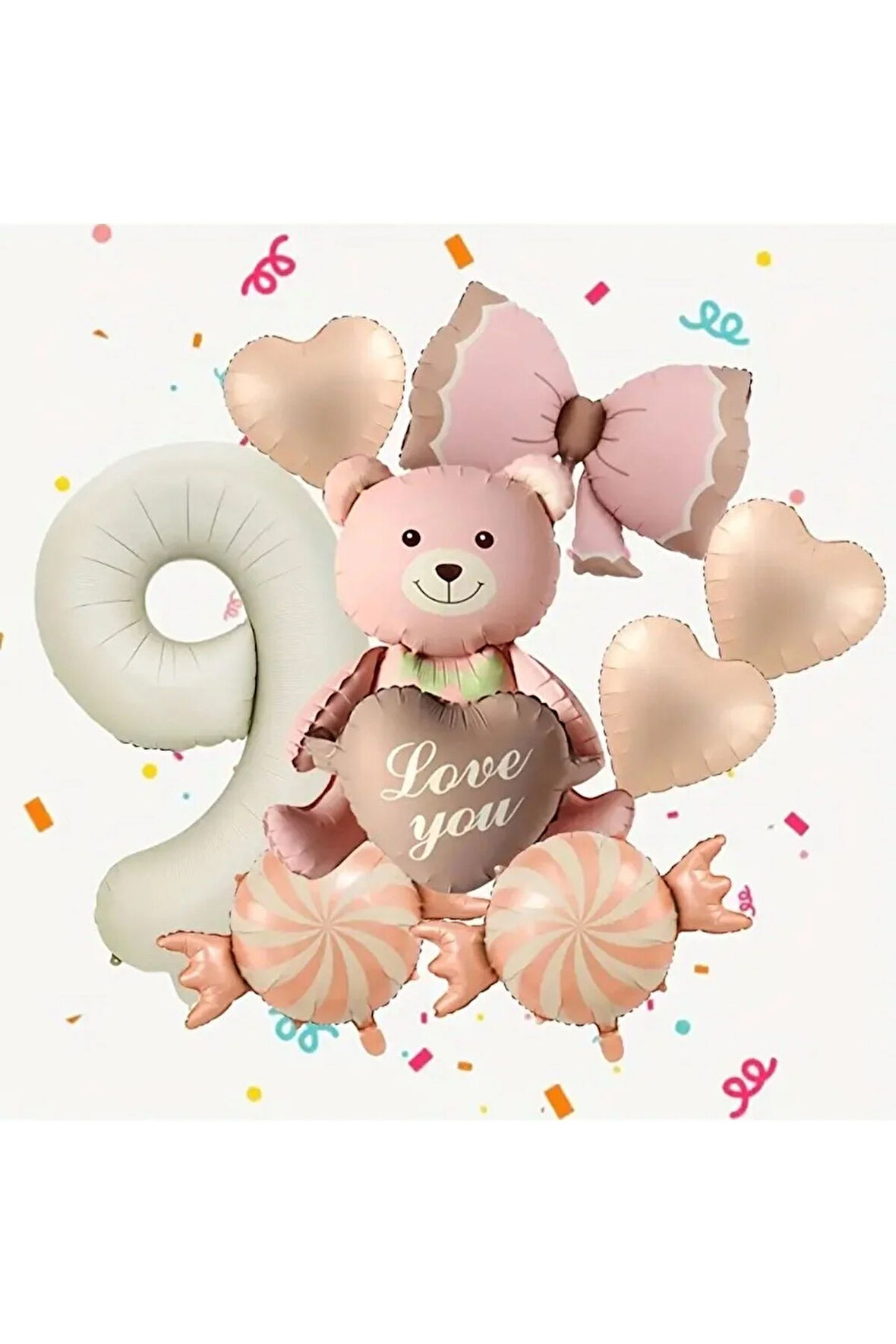 Pembe Kurdeleli Ayılı Balon Seti, Şeker Kalp rakam Balon