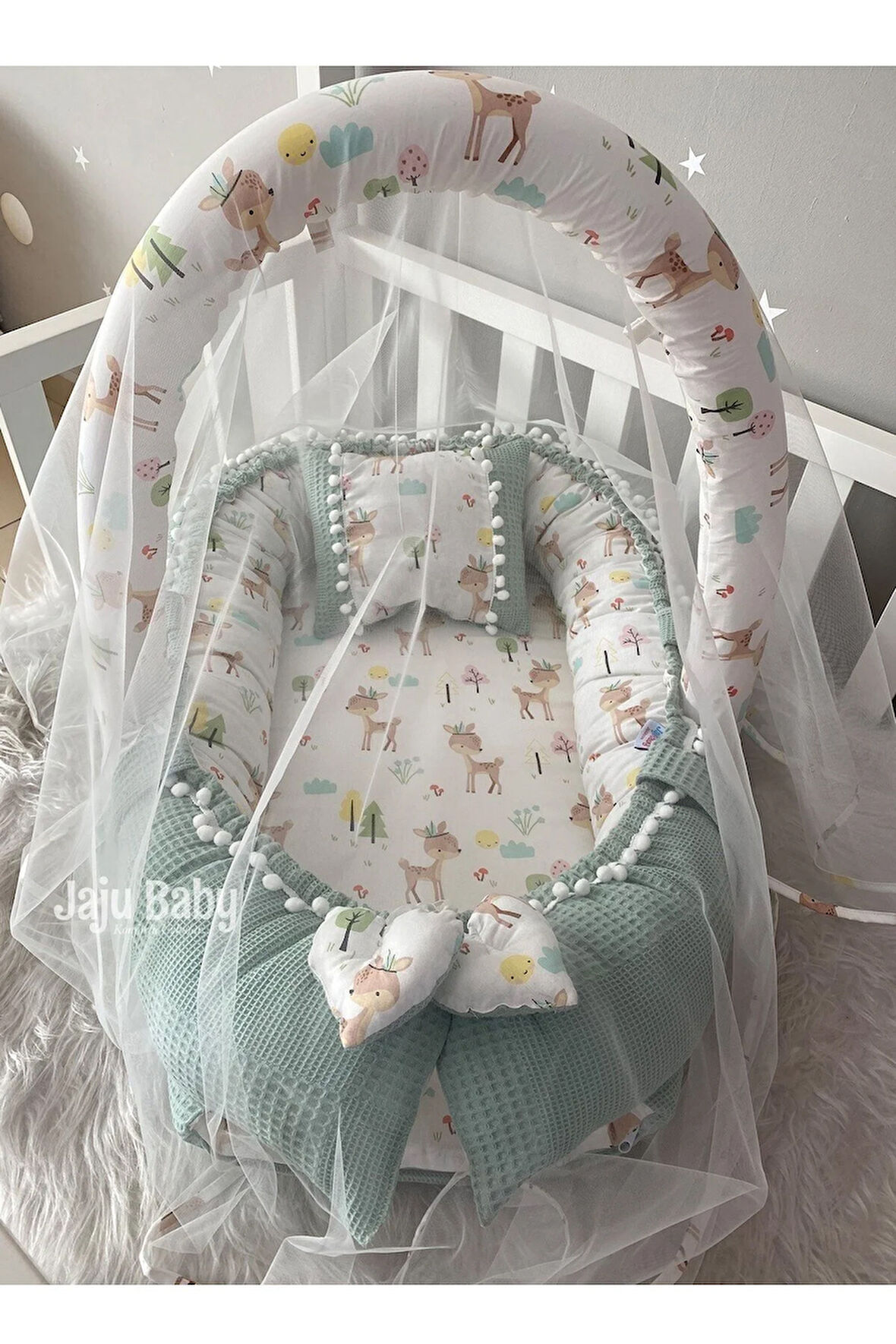 Nest Wafle Yeşil Pike Kumaş Poplin Kumaş Ponponlu Jaju-babynest Oyuncak Aparat Ve Tül Set