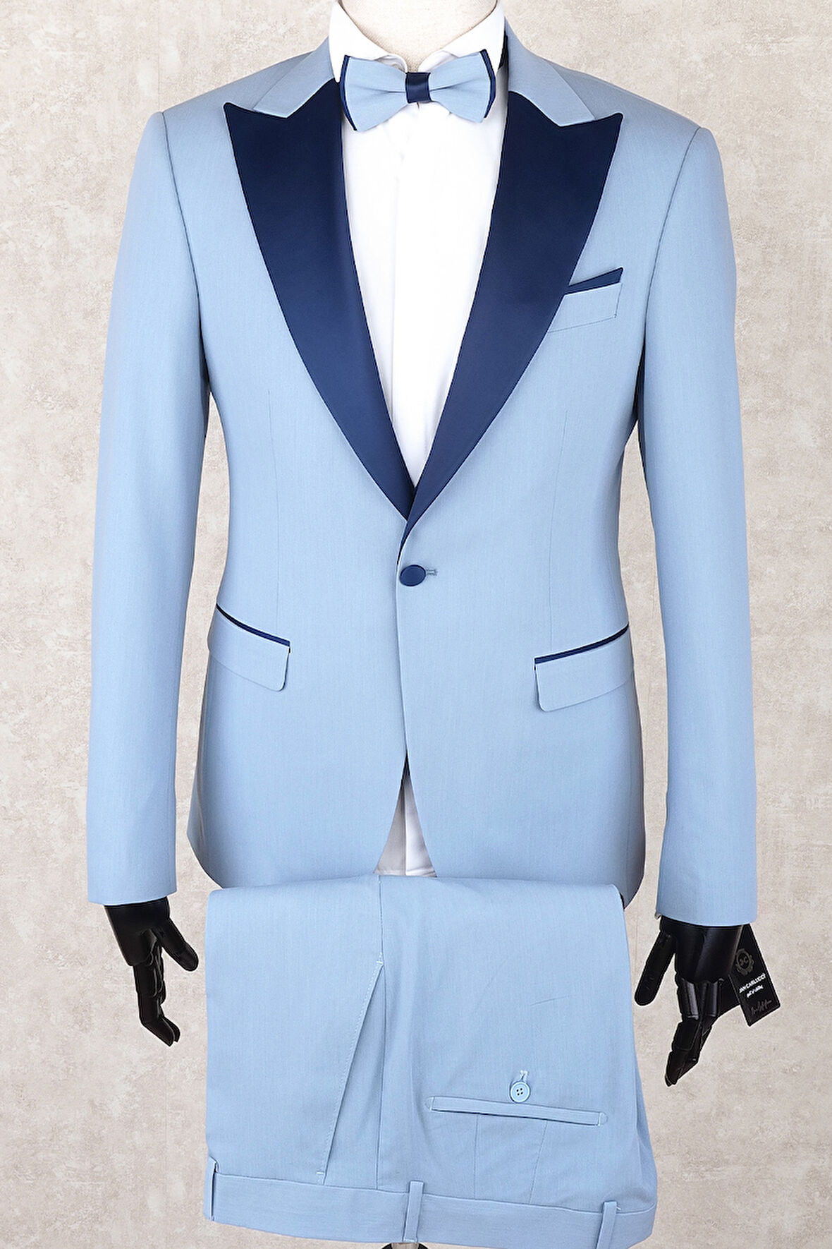 Jan Carlucci Slim Fit Saten Sivri Yaka-Çift Yırtmaç Buz Mavisi Drop 6 Damatlık Smokin - Full Set Yelek, Gömlek, Papyon 
