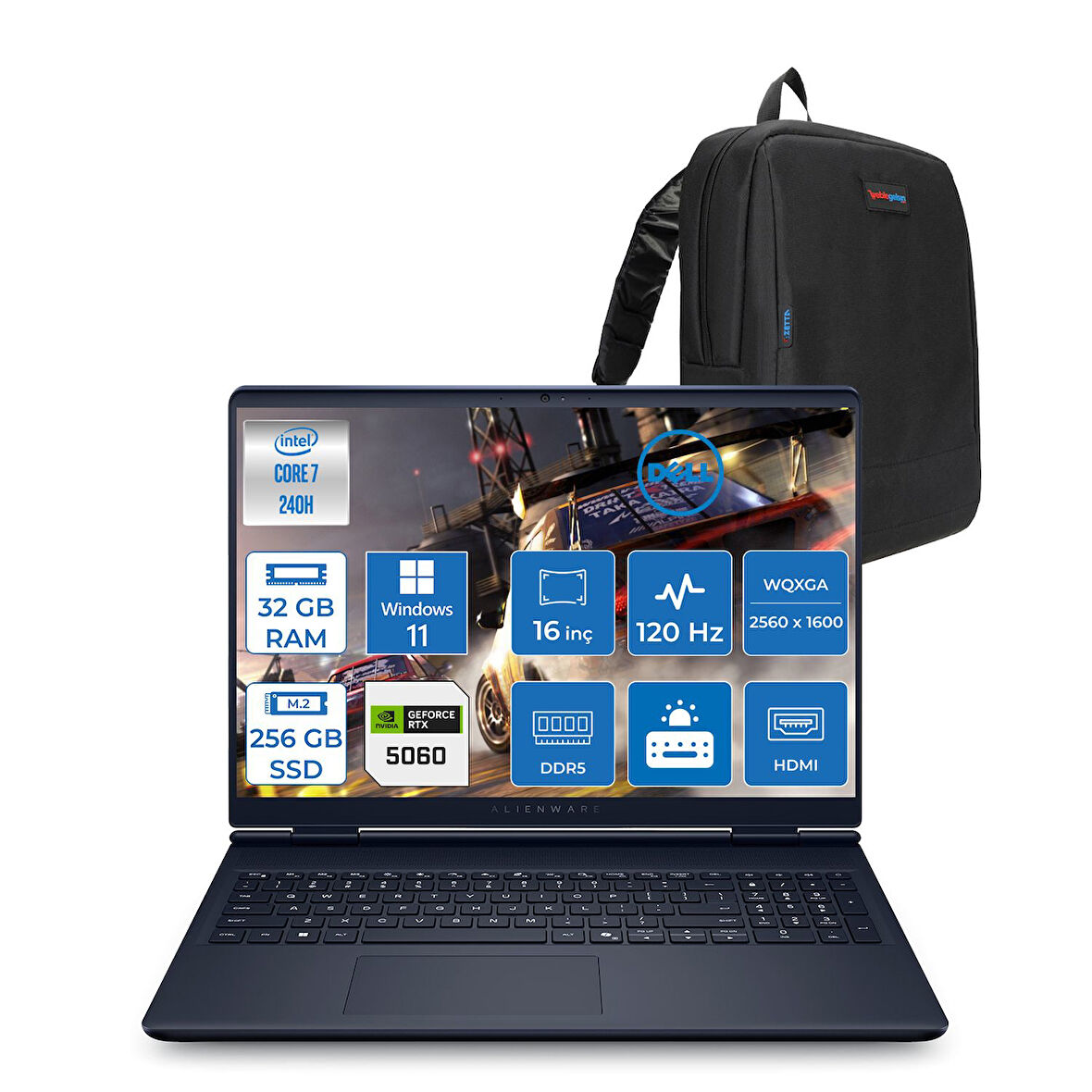 Dell Alienware 16 Aurora Intel Core Ultra 7 240H 32GB Ddr5 256GB SSD Windows 11 Pro 8gb RTX5060 16 Inç 2K(2560×1600) Wqxga 120Hz Wva Taşınabilir Bilgisayar AC16250C716156WP15 + Zetta Çanta